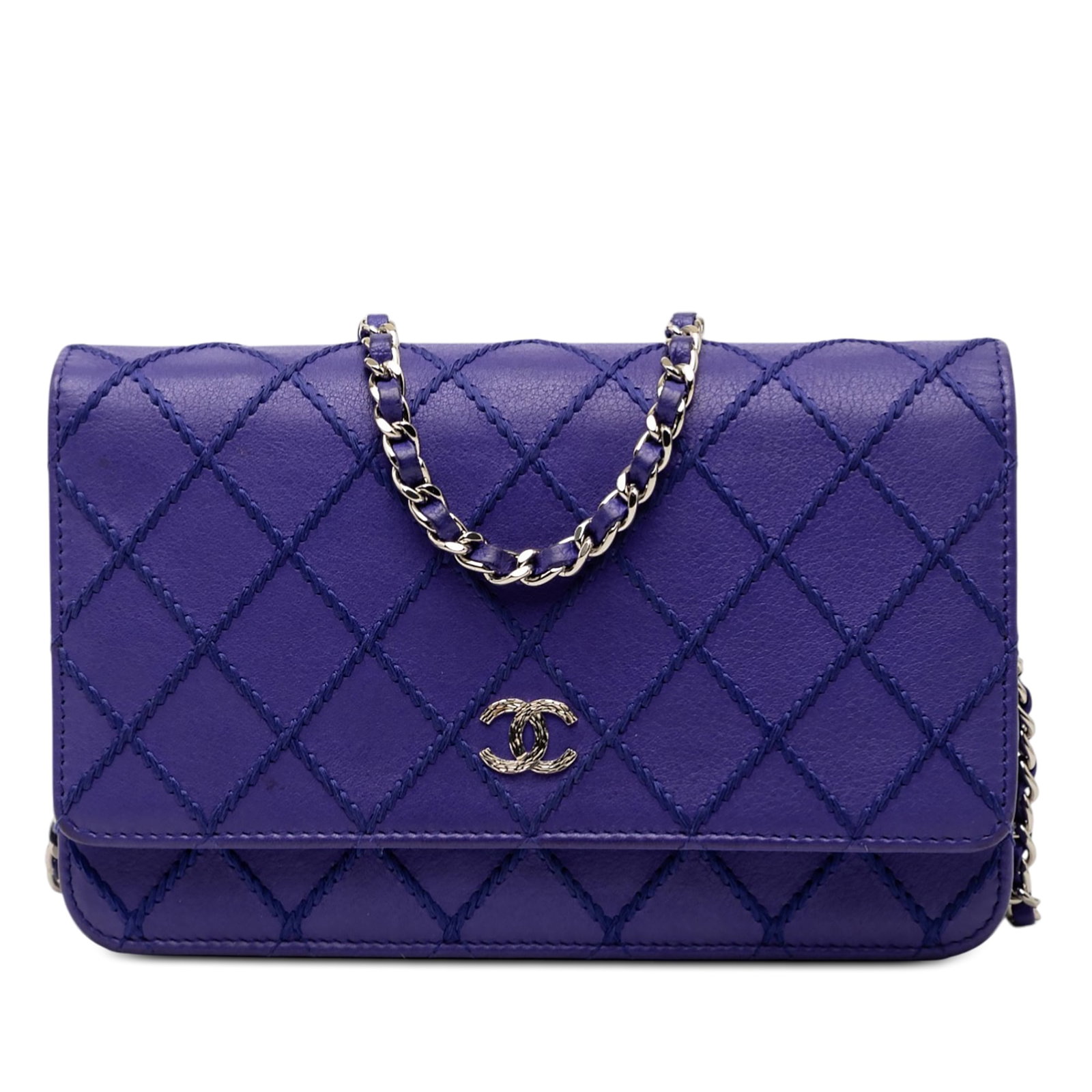 Blue Chanel Quilted Calfskin Wallet on Chain with Silver Chain Strap: Blue Chanel Quilted Calfskin Wallet on Chain with Silver Chain Strap This Chanel CC Quilted Calfskin Fancy Wallet On Chain features a blue leather body with double stitching details and a silver-tone 