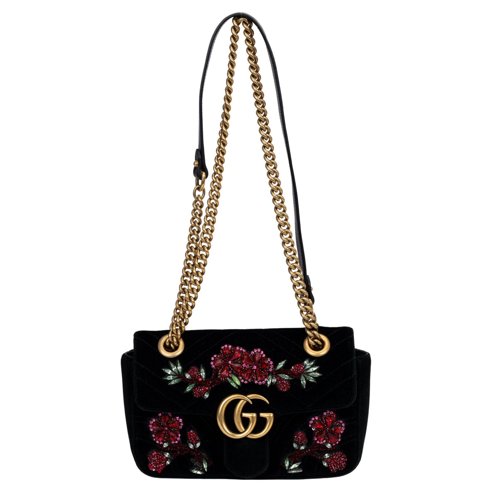 Gucci Marmont Black Velvet Beaded Flap Bag with Dust Cover: Gucci Marmont Black Velvet Beaded Flap Bag with Dust Cover This Gucci Marmont Flap Bag is a stylish and versatile accessory for any occasion. Crafted from luxurious black velvet, it features exquisite