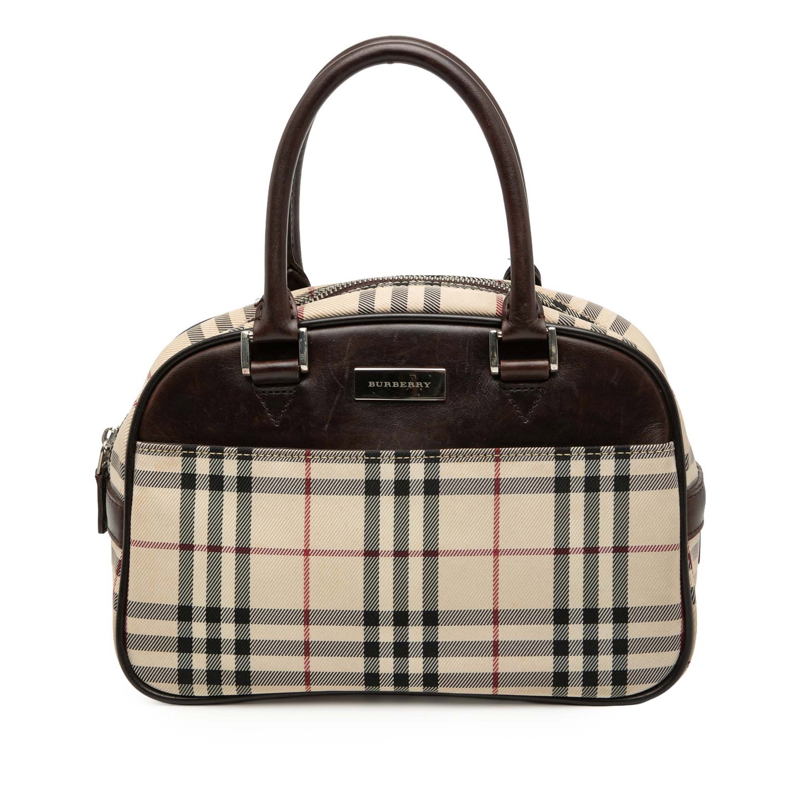 Burberry Beige House Check Canvas Tote with Leather Trim: Burberry Beige House Check Canvas Tote with Leather Trim This Burberry House Check Canvas Handbag features the signature house check canvas body accented with leather trim and rolled leather handles. 