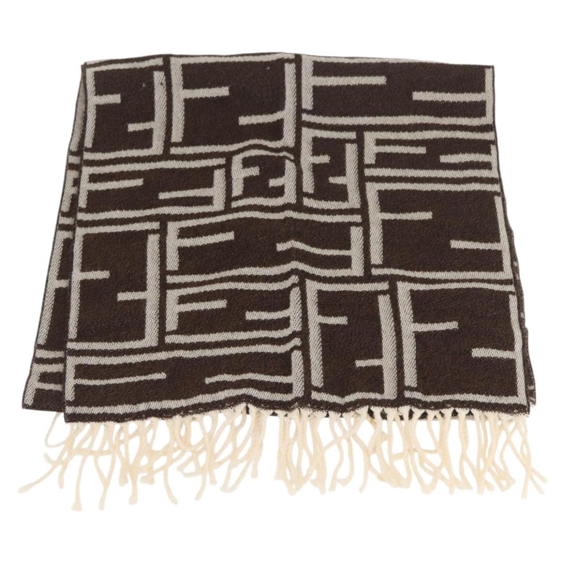 Ivory and Brown Wool Scarf by FENDI Zucca Canvas Pattern: Ivory and Brown Wool Scarf by FENDI Zucca Canvas Pattern This FENDI Zucca scarf features a classic ivory and brown color combination in a wool and Zucca canvas blend. Designed for women, the scarf sho