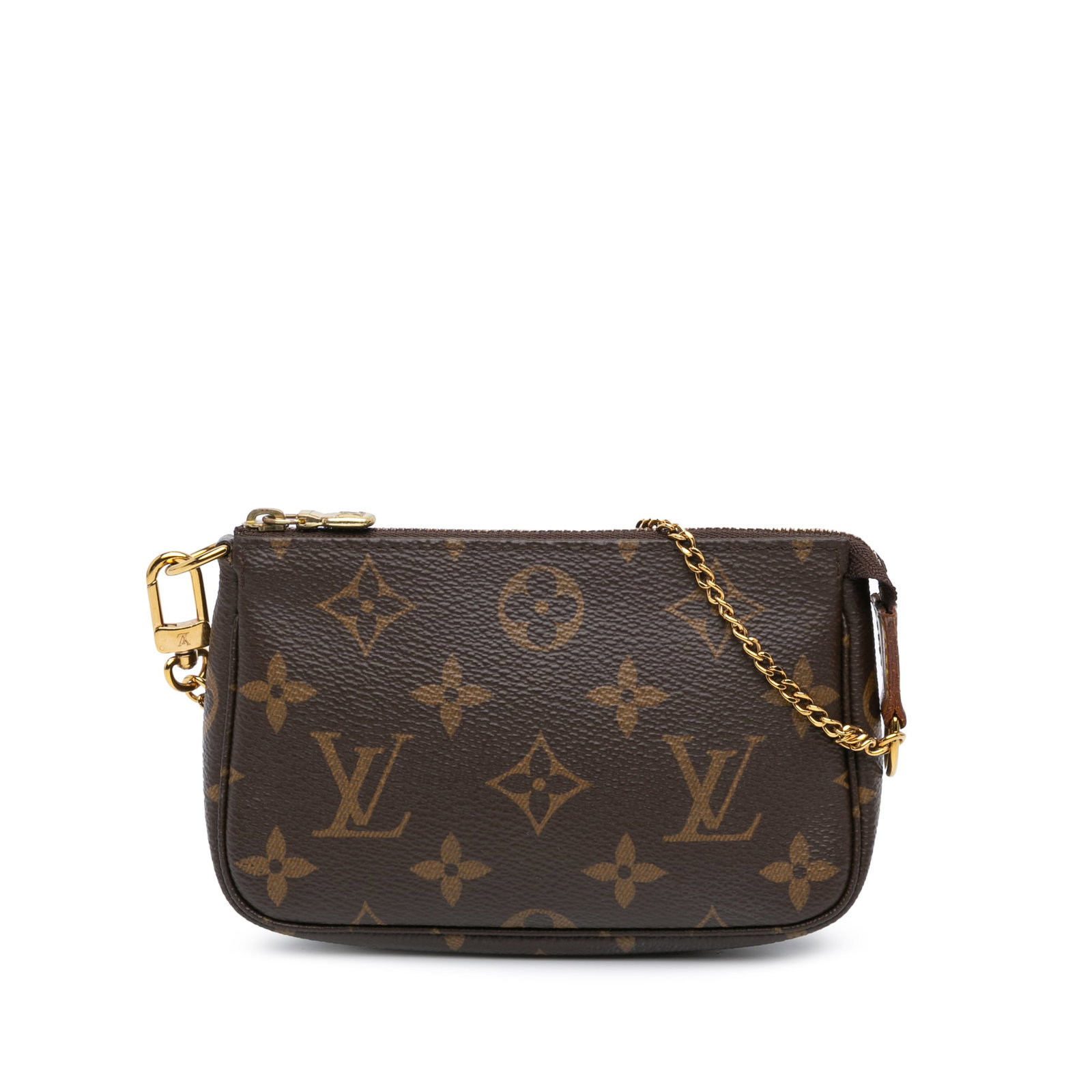 Louis Vuitton Mini Canvas Pouch with Monogram and Gold Chain Strap: Louis Vuitton Mini Canvas Pouch with Monogram and Gold Chain Strap This Louis Vuitton Monogram Mini Pochette Accessoires features a signature monogram canvas exterior, complemented by a gold-tone chai