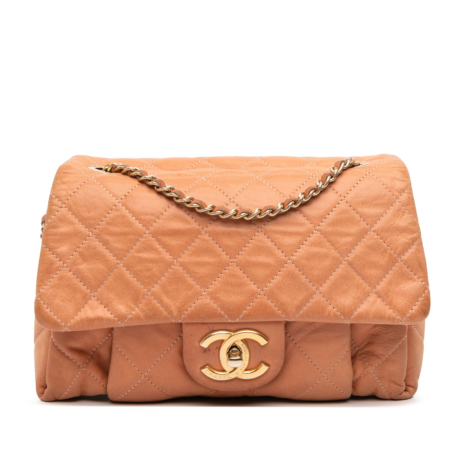 Chanel Small Aged Calfskin Orange Quilt Flap Shoulder Bag: Chanel Small Aged Calfskin Orange Quilt Flap Shoulder Bag Elevate your accessory collection with this Chanel Small Aged Calfskin Chic Quilt Flap shoulder bag. Crafted from luxurious quilted leather in