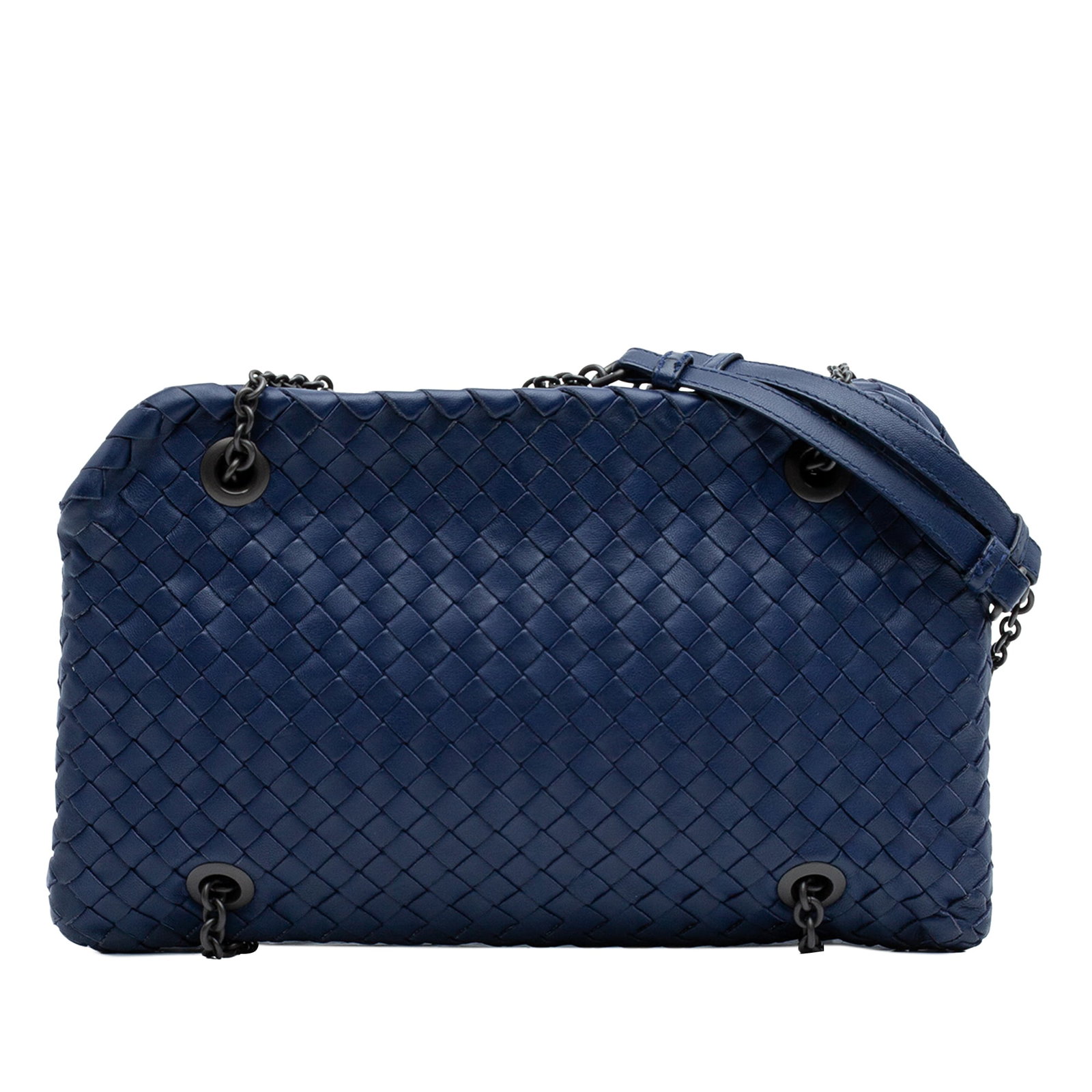 Bottega Veneta Duo Blue Woven Nappa Leather Chain Shoulder Bag: Bottega Veneta Duo Blue Woven Nappa Leather Chain Shoulder Bag This Bottega Veneta Nappa Intrecciato Duo Shoulder Bag showcases the brand's signature woven nappa leather body in blue, complemented by 