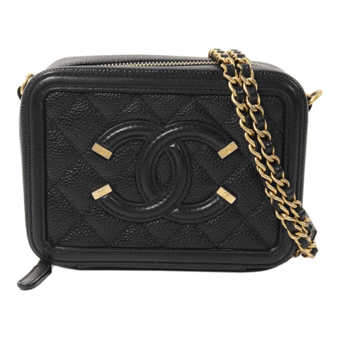 CHANEL Filigree CC Black Calfskin Shoulder Bag GHW: CHANEL Filigree CC Black Calfskin Shoulder Bag GHW This CHANEL shoulder bag features a classic camera bag silhouette crafted from black calfskin leather. The design is complemented by chain detailing 