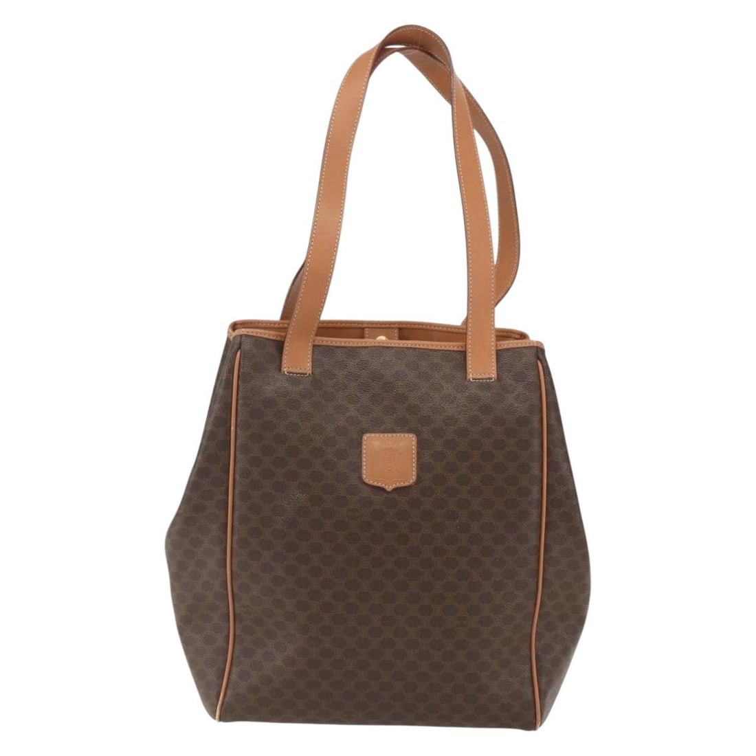 Vintage Macadam Canvas and Leather Shoulder Bag by Celine: Vintage Macadam Canvas and Leather Shoulder Bag by Celine This vintage Celine Macadam shoulder bag for women features a brown canvas body with leather accents. Designed in Italy, it measures 25cm x 32