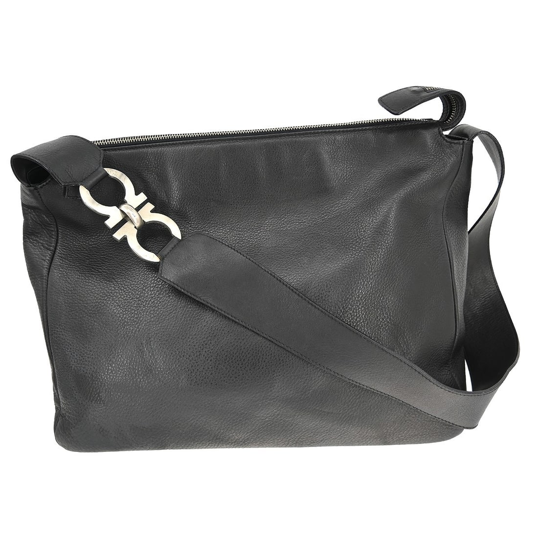 Gancini Black Leather Shoulder Bag by Salvatore Ferragamo: Gancini Black Leather Shoulder Bag by Salvatore Ferragamo This Salvatore Ferragamo Gancini shoulder bag is crafted from black leather and designed for women. Made in Italy, it features the iconic Ganc