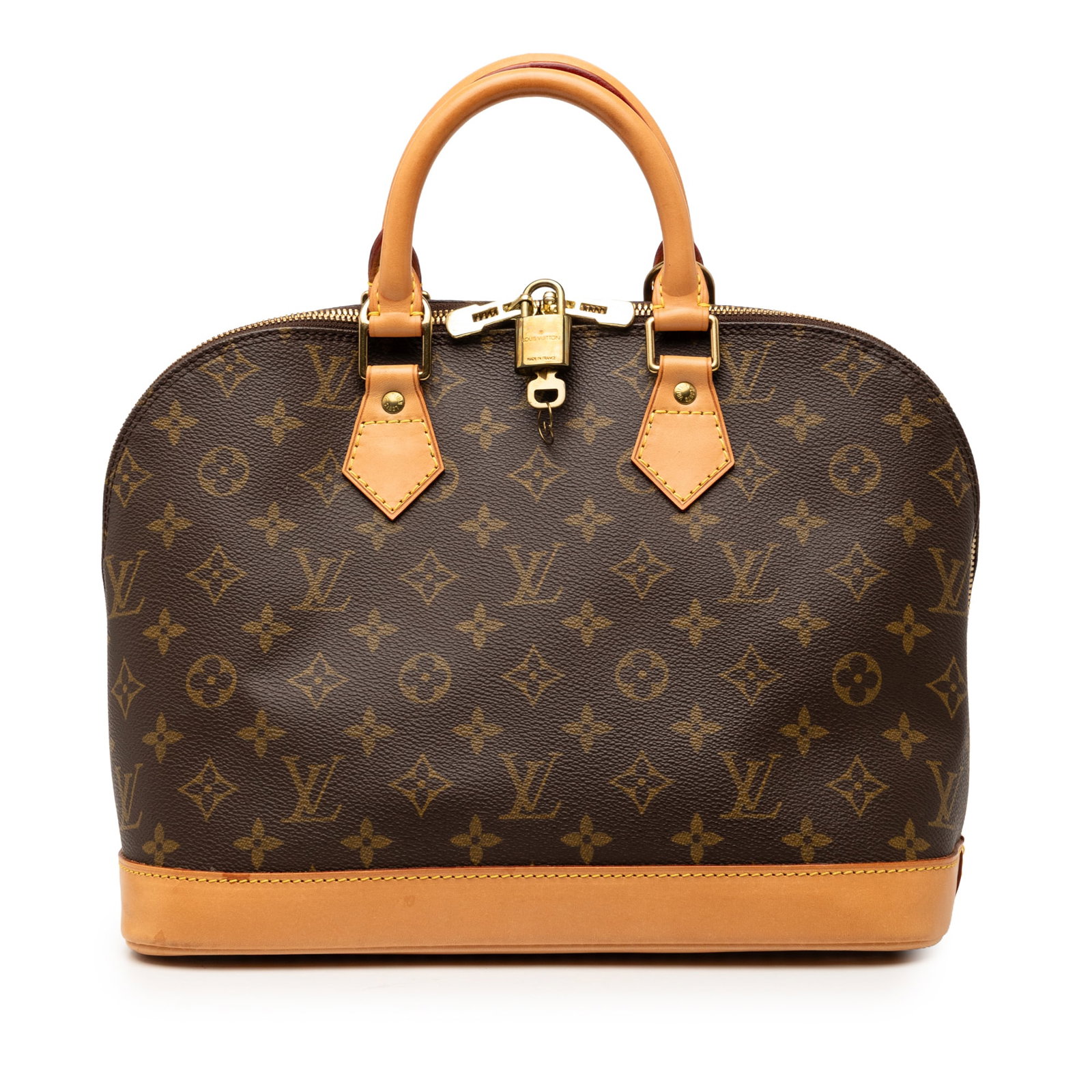 Alma PM Brown Monogram Canvas Handbag by Louis Vuitton: Alma PM Brown Monogram Canvas Handbag by Louis Vuitton This Louis Vuitton Monogram Alma PM features a monogram canvas body with rolled leather handles and a leather bottom. The bag is designed with a 