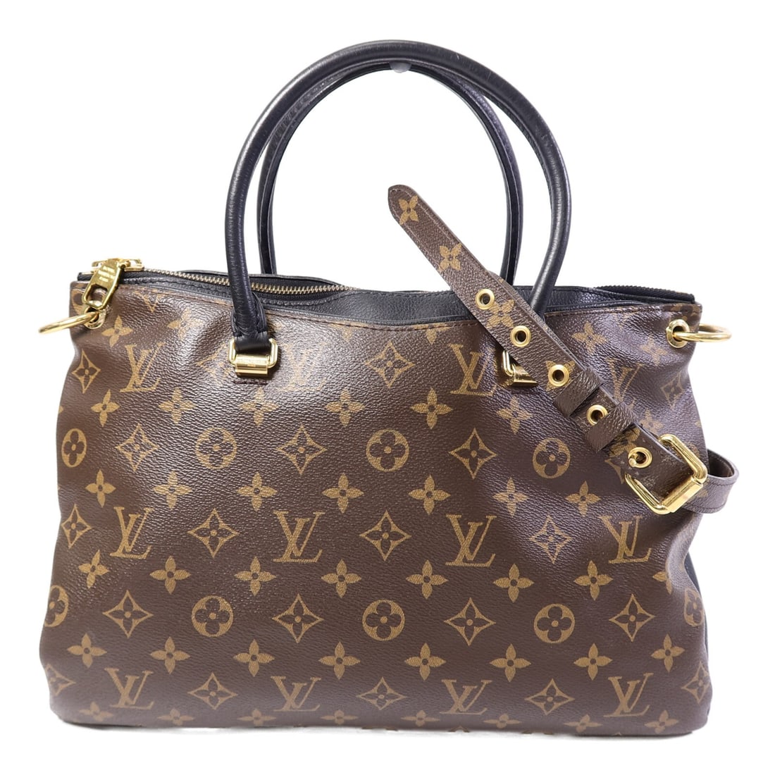 Louis Vuitton Pallas MM black monogram PVC shoulder bag GHW: Louis Vuitton Pallas MM black monogram PVC shoulder bag GHW This Louis Vuitton Pallas MM is a versatile 2-way shoulder bag crafted from durable PVC coated canvas in a classic black and brown monogram 