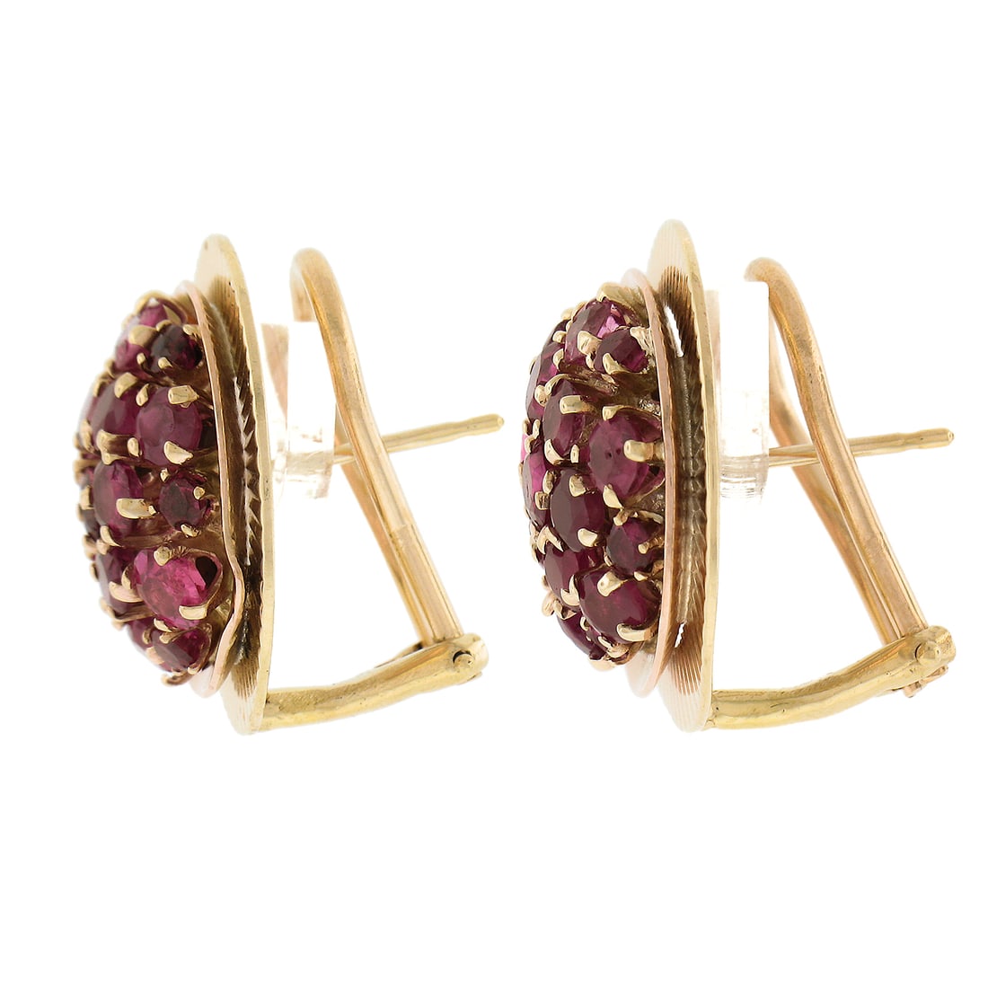Vintage Retro 14k Gold 3ctw Ruby Cluster Omega Earrings: Vintage Retro 14k Gold 3ctw Ruby Cluster Omega Earrings These exquisite vintage retro earrings are crafted from solid 14k yellow gold and showcase a stunning cluster of natural rubies. With a total ca