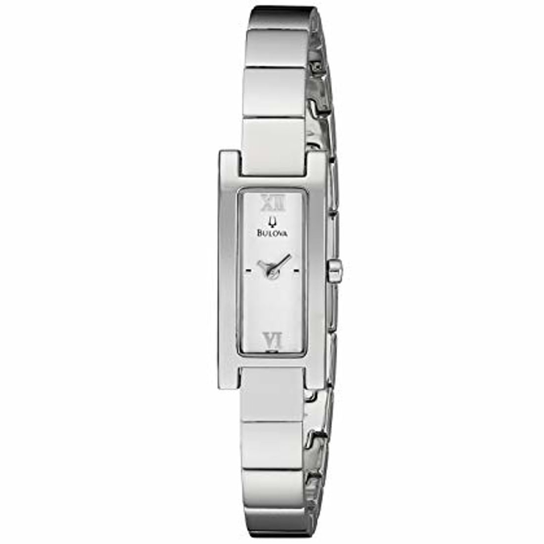 Bulova 96T08 Ladies Quartz Watch Silver Roman Dial Bangle: Bulova 96T08 Ladies Quartz Watch Silver Roman Dial Bangle This elegant Bulova ladies wristwatch features a polished stainless steel case and bangle band. The square white dial is accented with silver-