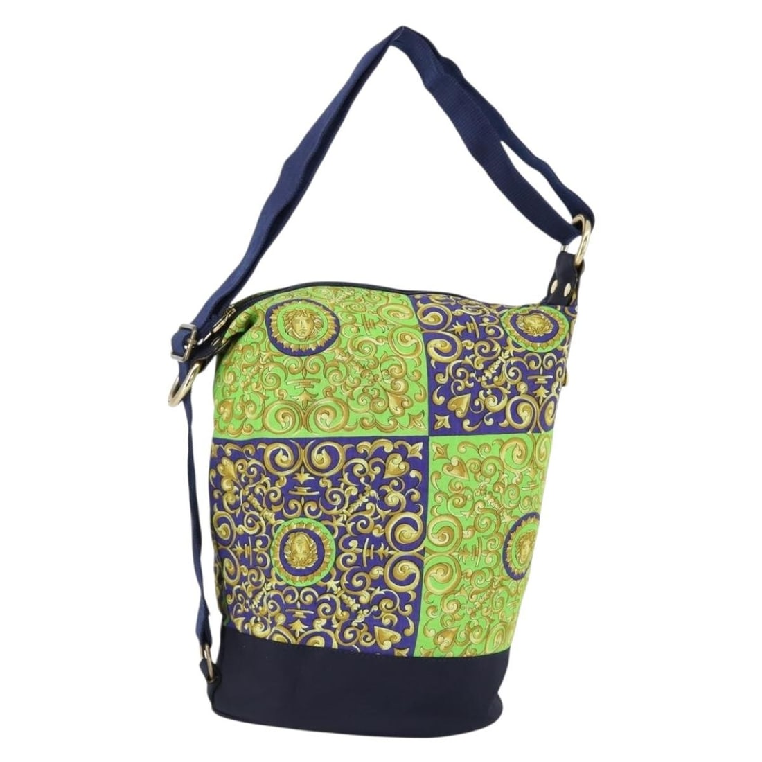 Vintage Cotton Fabric Shoulder Tote by Versace in Green: Vintage Cotton Fabric Shoulder Tote by Versace in Green This vintage Versace shoulder bag for women is crafted from green cotton and features metal fittings. It is a pre-owned item in good condition w