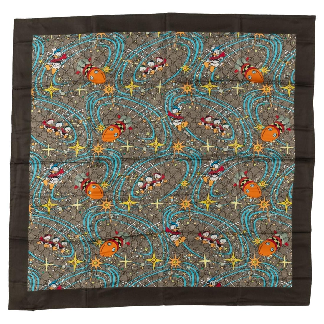 Gucci x Disney Limited Edition Donald Duck Silk Scarf 35in: Gucci x Disney Limited Edition Donald Duck Silk Scarf 35in Elevate your accessory collection with this exquisite Gucci x Disney Donald Duck silk scarf. Featuring a delightful combination of taupe and 
