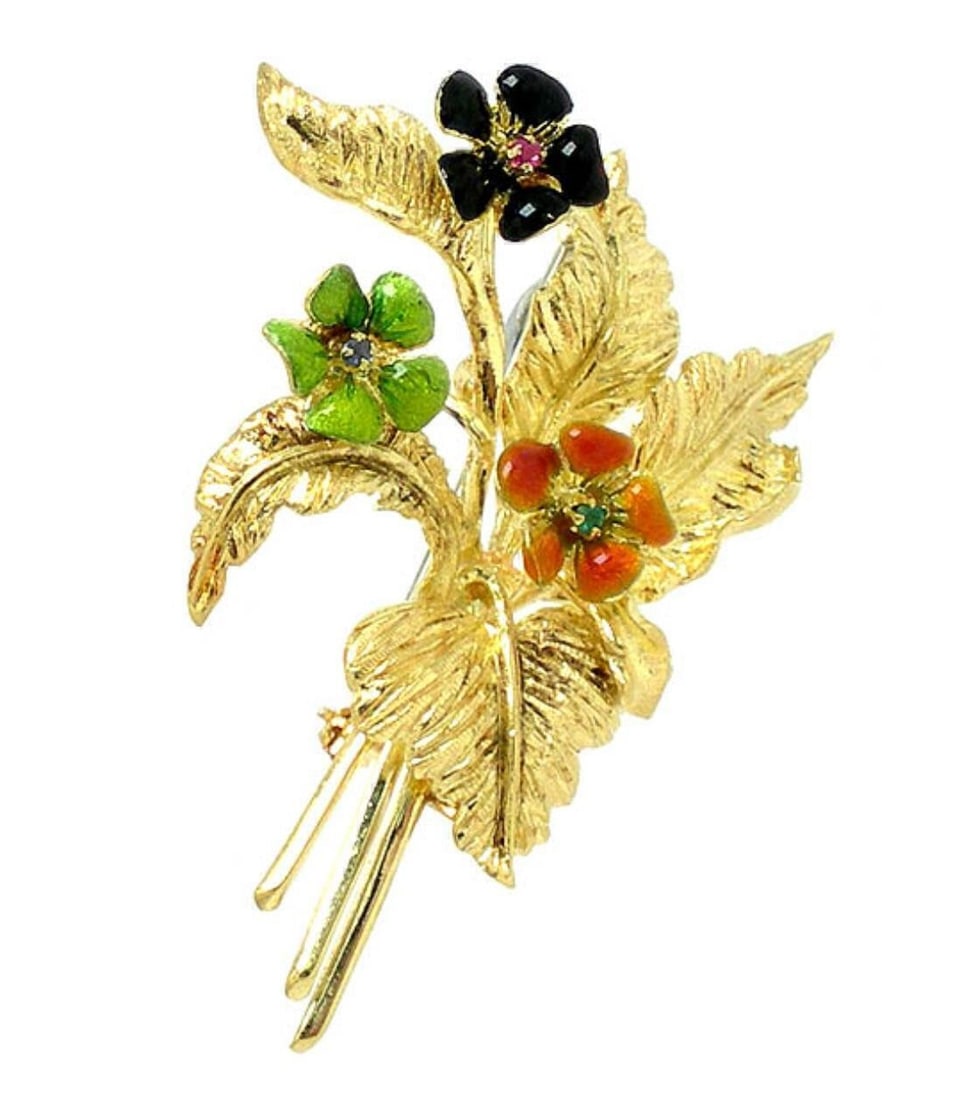 Vintage 18k Yellow Gold Enamel Floral Brooch with Ruby Sapphire Emerald: Vintage 18k Yellow Gold Enamel Floral Brooch with Ruby Sapphire Emerald This vintage brooch features a floral bouquet design crafted in 18k yellow gold and accented with vibrant emerald, sapphire, and