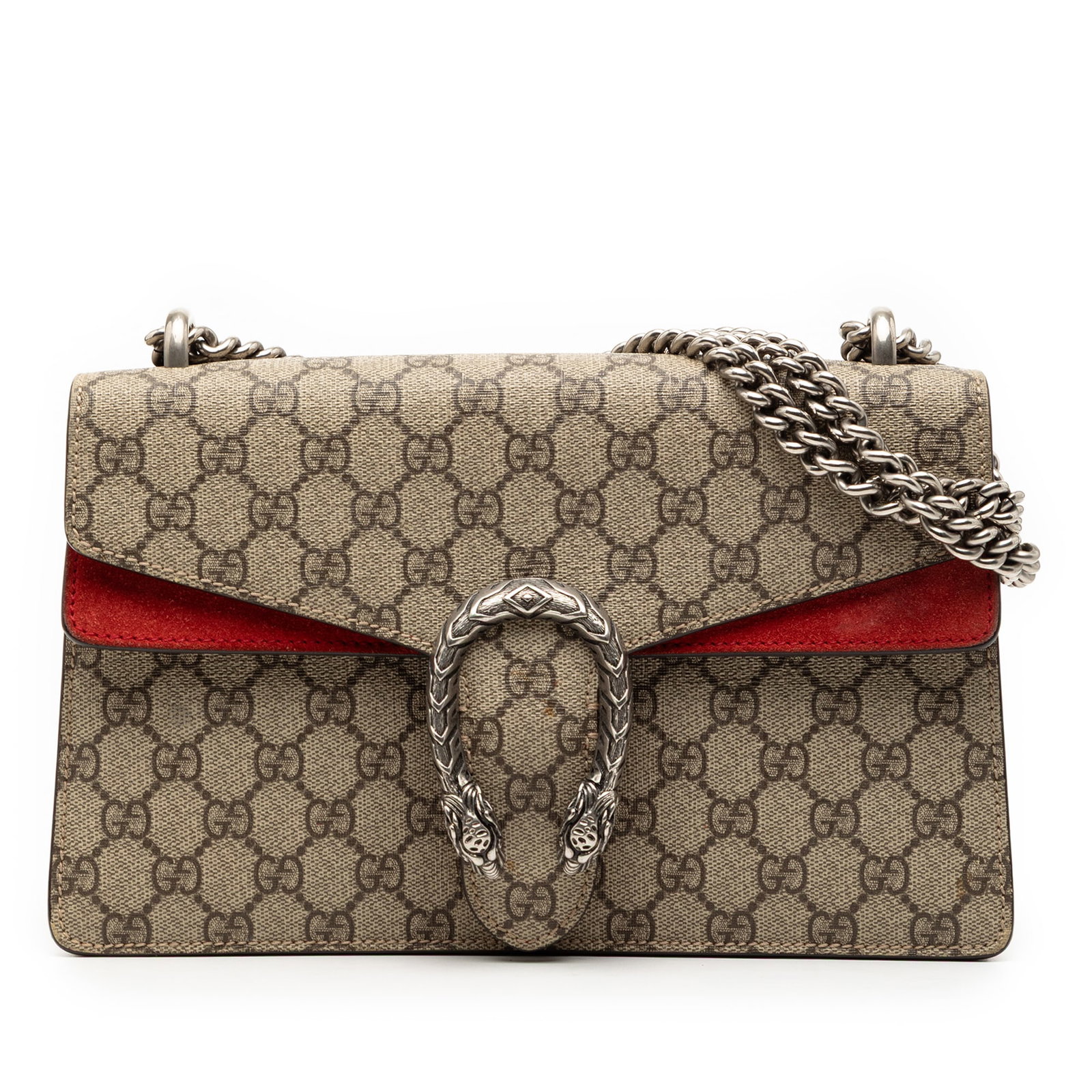 Gucci Dionysus Medium GG Supreme Canvas Shoulder Bag with Suede Trim: Gucci Dionysus Medium GG Supreme Canvas Shoulder Bag with Suede Trim This Gucci Medium GG Supreme Dionysus Shoulder Bag features a coated canvas exterior with suede leather trim, a silver-tone curb ch