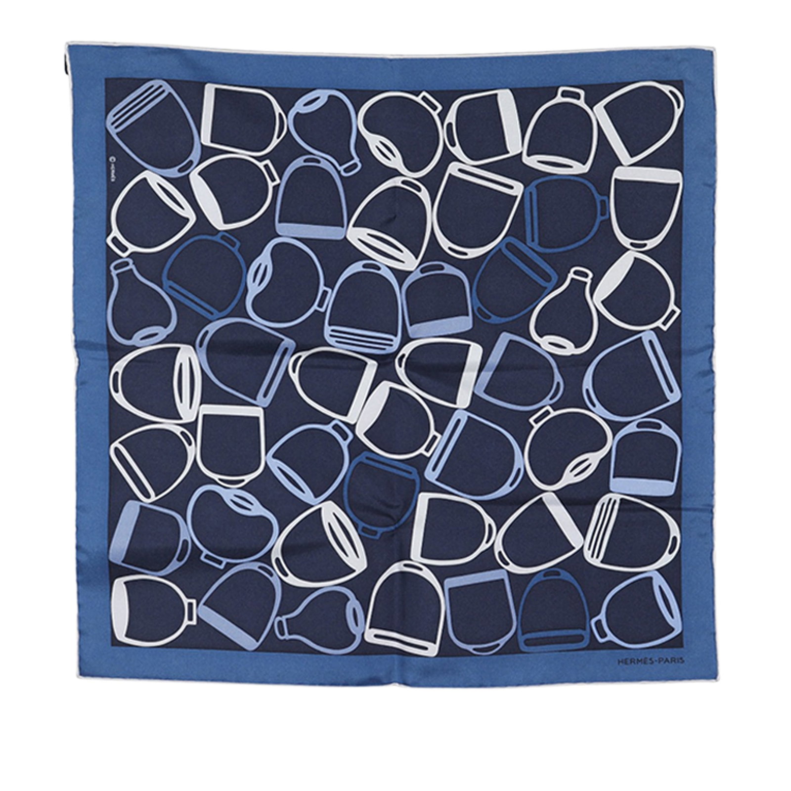 Hermes A Vos Etriers Blue Silk 45cm Pocket Square Scarf: Hermes A Vos Etriers Blue Silk 45cm Pocket Square Scarf This Hermes A Vos Etriers pocket square scarf showcases the iconic A Vos Etriers print on 100% silk in blue. Made in France, this accessory offe