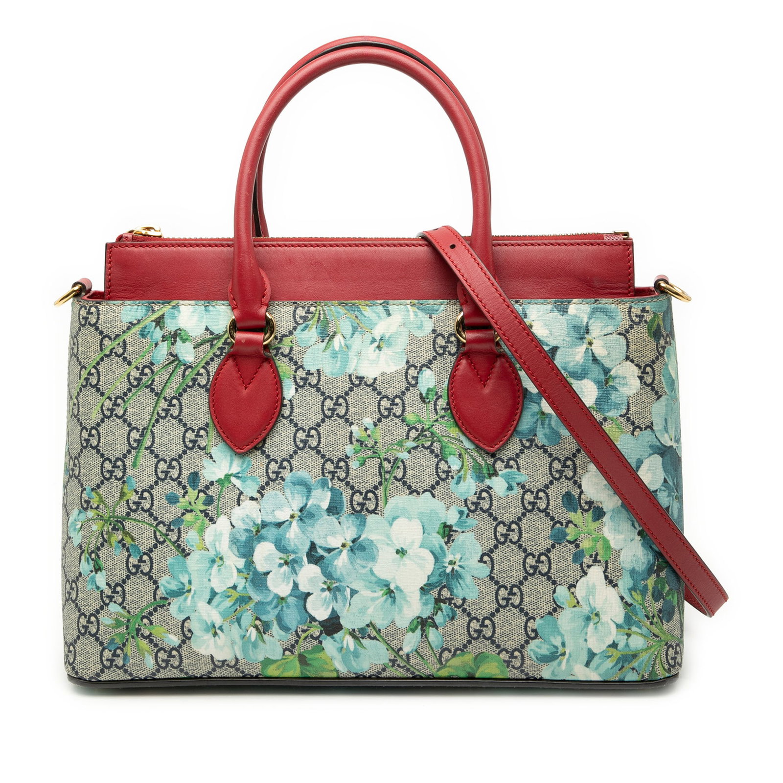 Small GG Supreme Blooms Linea A Tote Bag by Gucci: Small GG Supreme Blooms Linea A Tote Bag by Gucci This Gucci Small GG Supreme Blooms Linea A Tote features a printed coated canvas body with leather trim, rolled leather handles, a detachable flat lea