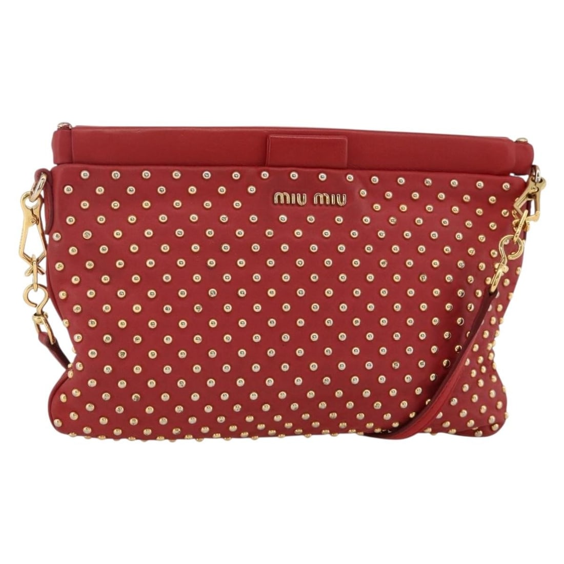 Red and Gold Leather Shoulder Bag by Miu Miu for Women: Red and Gold Leather Shoulder Bag by Miu Miu for Women This Miu Miu shoulder bag features a red and gold leather exterior and is designed for women. The bag has a structured silhouette with approximat