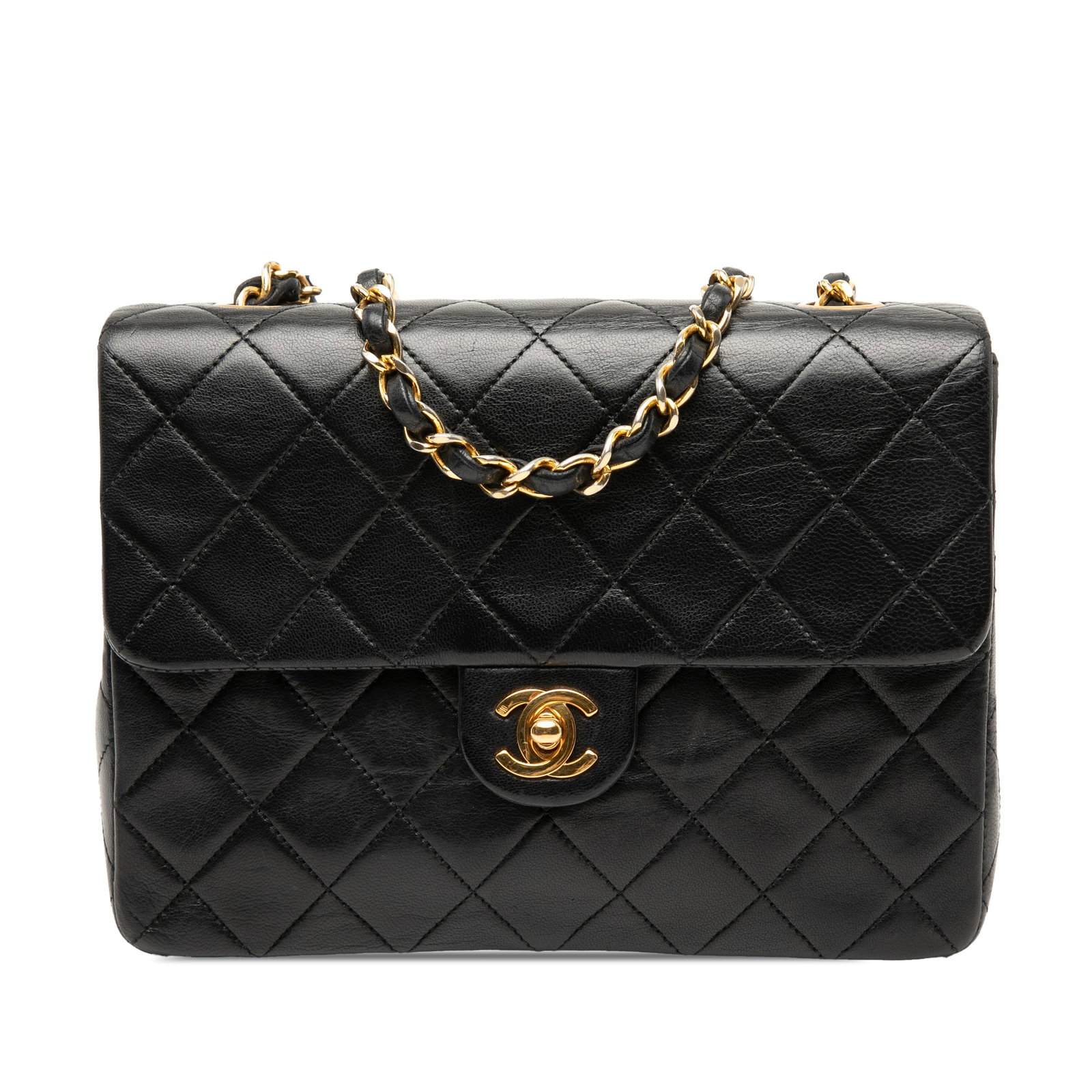 Chanel Small Square Black Quilted Lambskin Leather Crossbody Flap Bag: Chanel Small Square Black Quilted Lambskin Leather Crossbody Flap Bag This Chanel Small Square Quilted Lambskin Flap crossbody bag features a black lambskin leather exterior, a leather-woven chain str