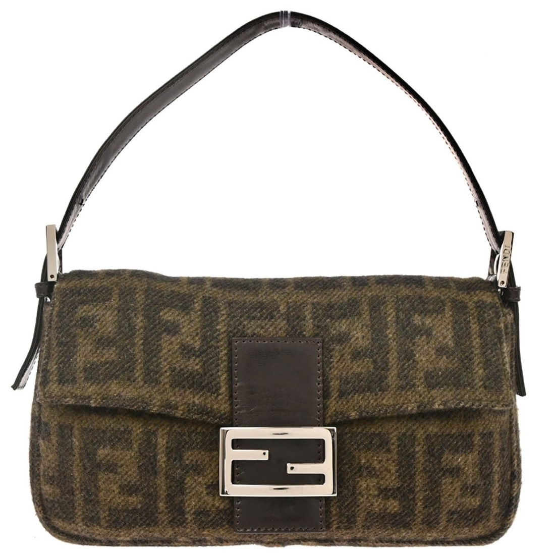 Fendi Zucca Baguette Brown Cashmere Medium Handbag with Silver Hardware: Fendi Zucca Baguette Brown Cashmere Medium Handbag with Silver Hardware This Fendi Zucca Baguette handbag features a brown cashmere exterior adorned with the iconic Fendi Zucca pattern and logo accent