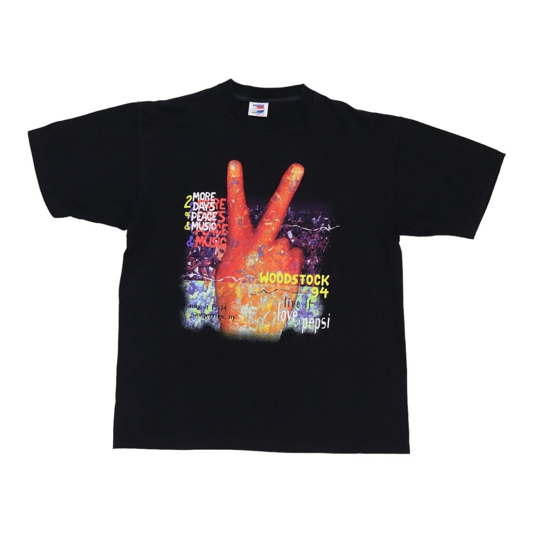 Vintage 1994 Music Festival Black Cotton T Shirt with Front Back Graphics: Vintage 1994 Music Festival Black Cotton T Shirt with Front Back Graphics This is an original vintage 1994 Woodstock Concert Shirt featuring graphics on both the front and back. Made from 100%