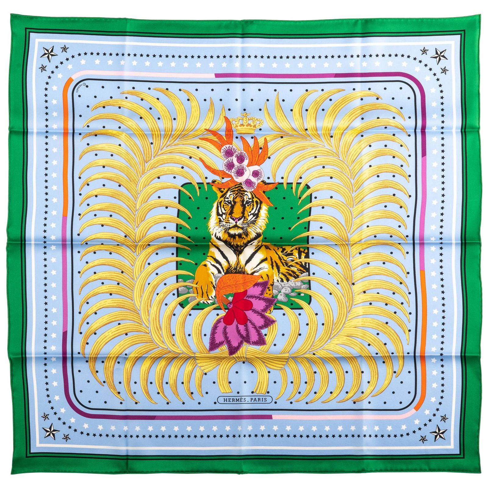 Hermes Limited Edition Imperial Tiger Celeste Silk Scarf 25.5": Hermes Limited Edition Imperial Tiger Celeste Silk Scarf 25.5" Elevate your accessory collection with this limited edition "Imperial Tiger" silk scarf by Hermes. The scarf features a stunning celeste