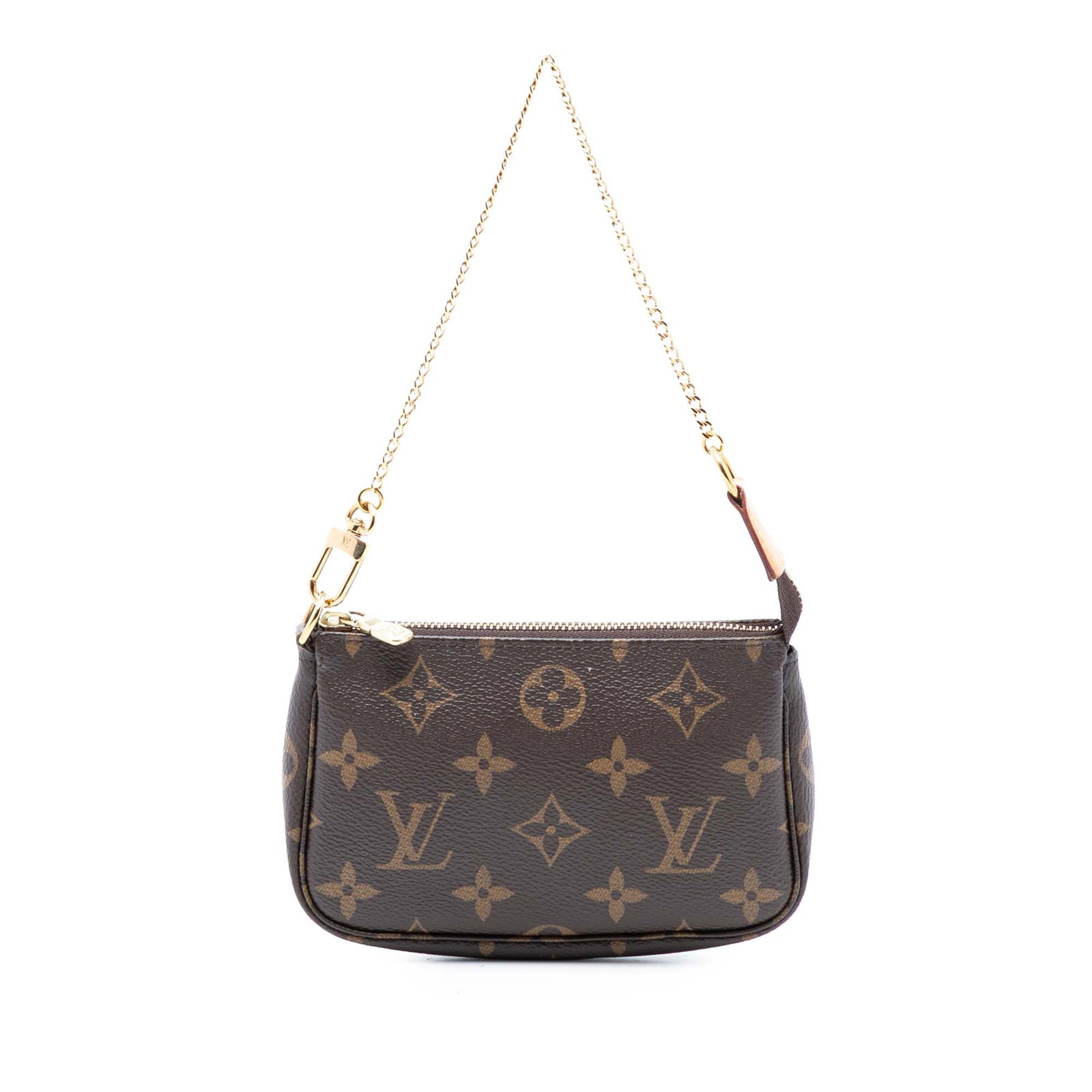 Louis Vuitton Mini Monogram Canvas Pouch with Chain Strap: Louis Vuitton Mini Monogram Canvas Pouch with Chain Strap This Louis Vuitton Mini Pochette Accessoires features the iconic monogram canvas body with a chain link strap and a top zip closure. The bag i