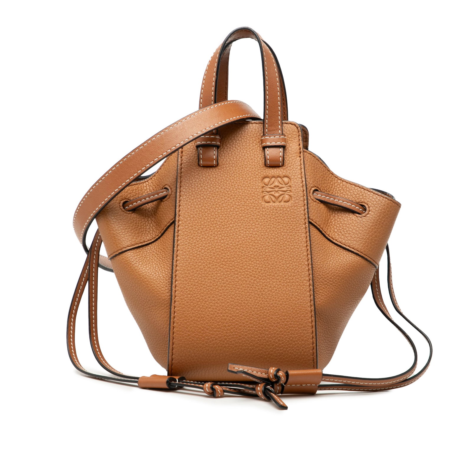 Mini Hammock Leather Satchel by Loewe with Drawstring and Shoulder Strap: Mini Hammock Leather Satchel by Loewe with Drawstring and Shoulder Strap This LOEWE Mini Grained Calfskin Drawstring Hammock Bag features a brown leather body with a grained texture, flat leather hand