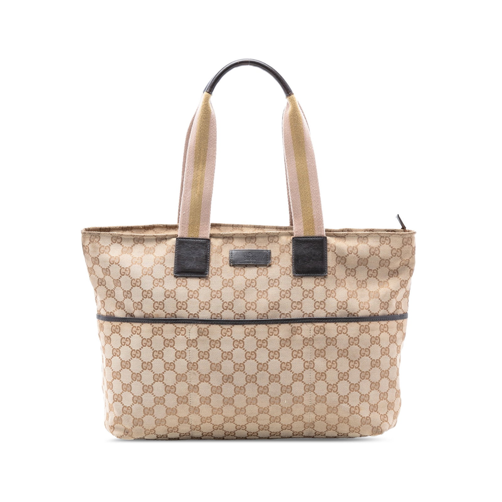 Brown GG Canvas Web Shoulder Tote by Gucci Italy: Brown GG Canvas Web Shoulder Tote by Gucci Italy This Gucci GG Canvas Web Tote features a brown canvas body, rolled web shoulder straps, a top zip closure, an exterior slip pocket, and an interior zip