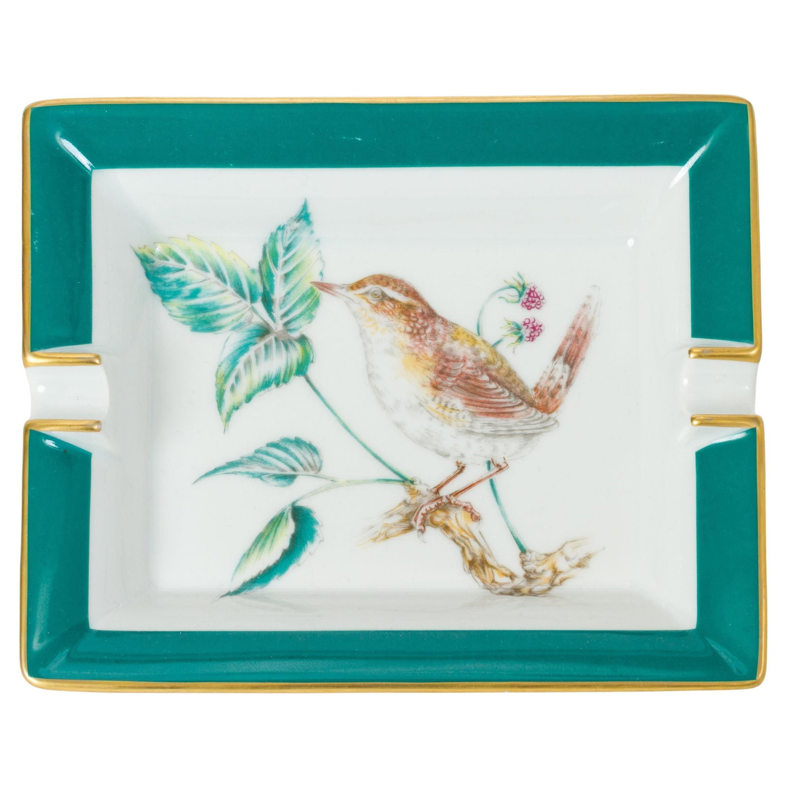 Hermes Green Porcelain Ashtray with Bird Design: Hermes Green Porcelain Ashtray with Bird Design This exquisite Hermes porcelain ashtray features a charming bird design in vibrant green and white. It is crafted from high-quality porcelain and includ