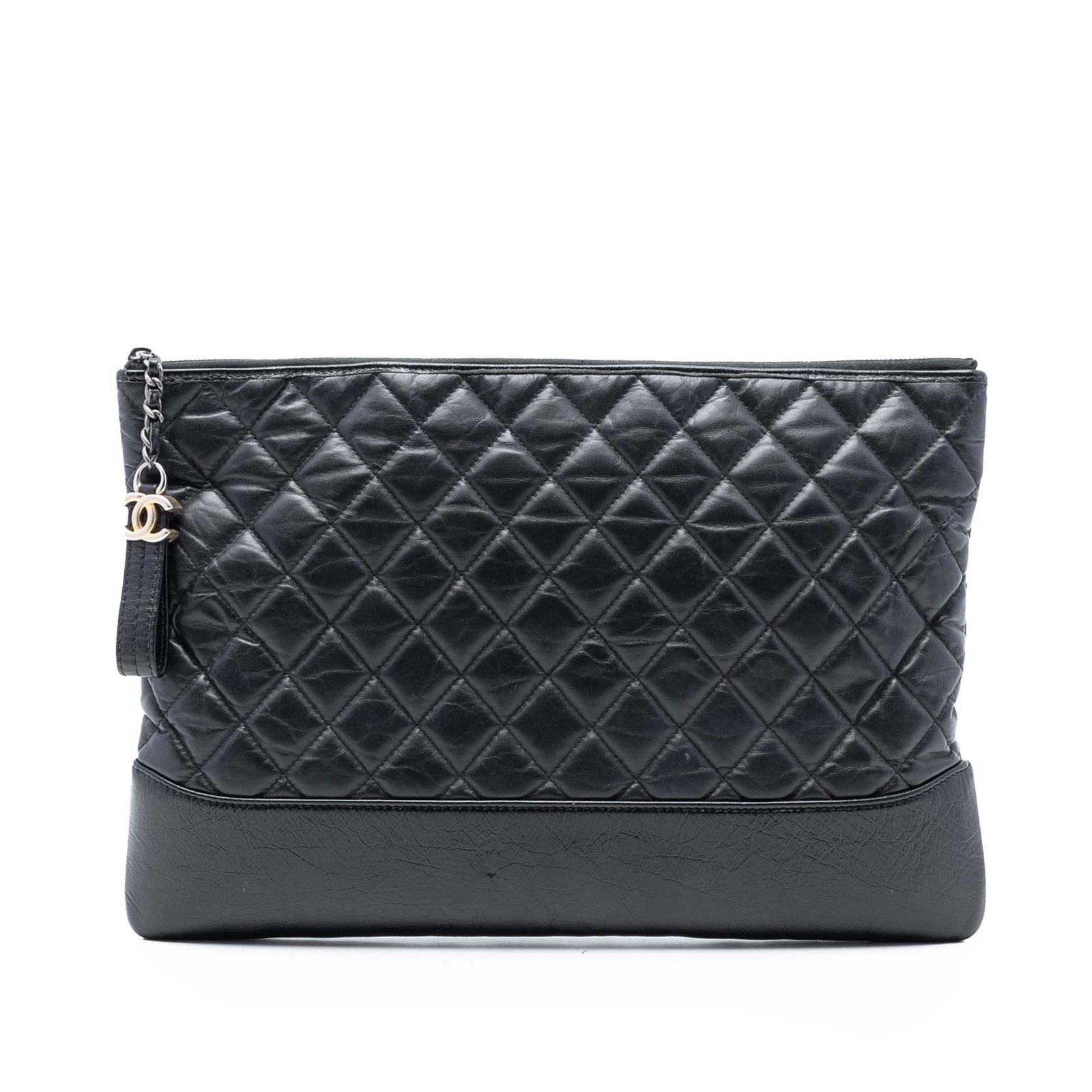 Gabrielle O Case Black Leather Clutch by Chanel Large Size: Gabrielle O Case Black Leather Clutch by Chanel Large Size This Chanel Large Aged Calfskin Gabrielle O Case Clutch features a black leather body with a distinctive aged appearance. The design includes