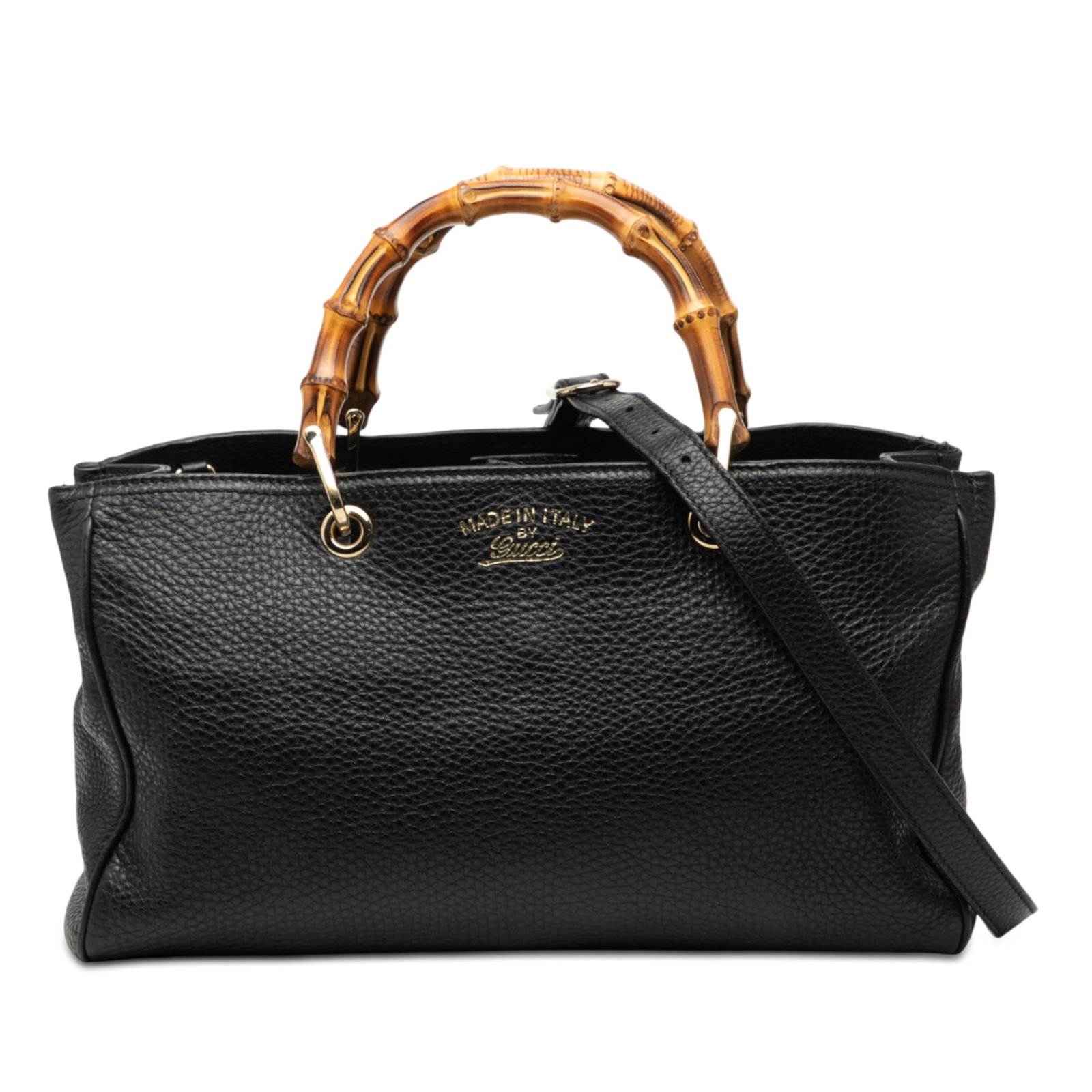 Black Leather Bamboo Handle Satchel by Gucci Medium Size: Black Leather Bamboo Handle Satchel by Gucci Medium Size This Gucci Medium Calfskin Bamboo Shopper Satchel features a black leather body with distinctive bamboo top handles and a detachable flat leath