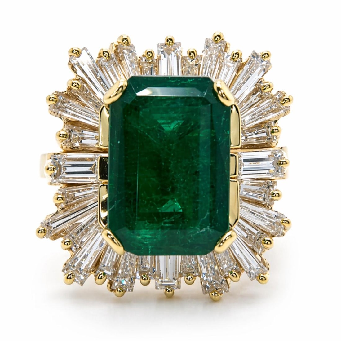 Emerald and Diamond 18K Gold Ring with Matching Jacket Set: Emerald and Diamond 18K Gold Ring with Matching Jacket Set This set features an 18K yellow gold ring and matching ring jacket, showcasing a striking approximately 5.60 carat emerald. The set is furthe