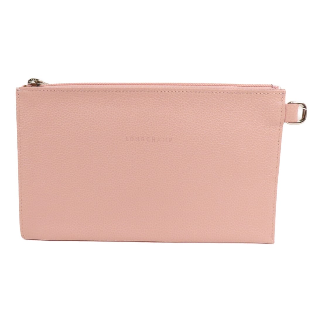 Longchamp Pink Calfskin Leather Clutch with Silver Hardware: Longchamp Pink Calfskin Leather Clutch with Silver Hardware This Longchamp clutch pouch is crafted from pink calfskin leather, featuring a sleek and minimalist design. The pouch is sized for regular u
