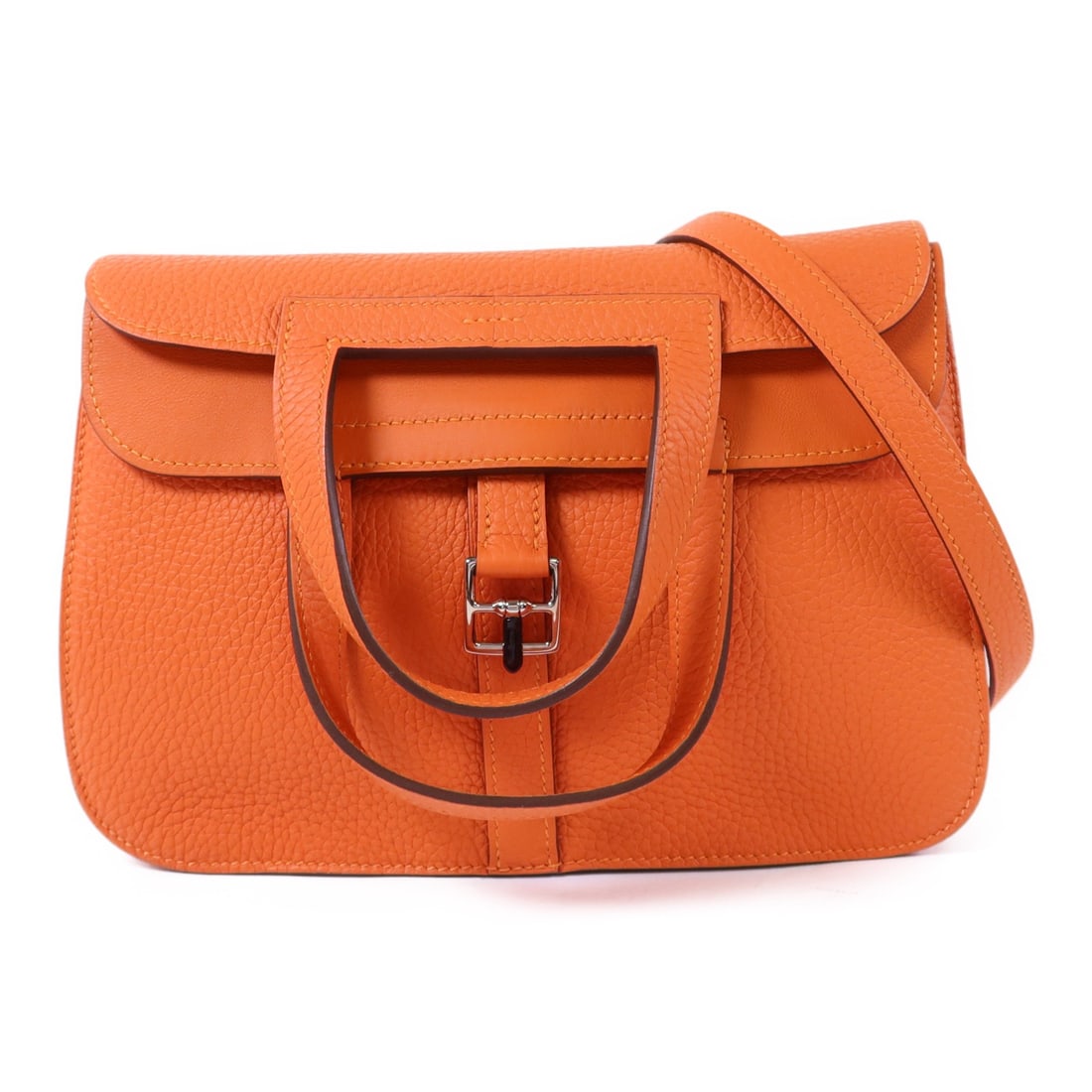 HERMES Halzan 25 Orange Clemence Leather 2 Way Shoulder Bag: HERMES Halzan 25 Orange Clemence Leather 2 Way Shoulder Bag This exquisite HERMES Halzan 25 2 Way Shoulder Bag is crafted from premium Clemence leather, featuring a stunning orange exterior. It offers
