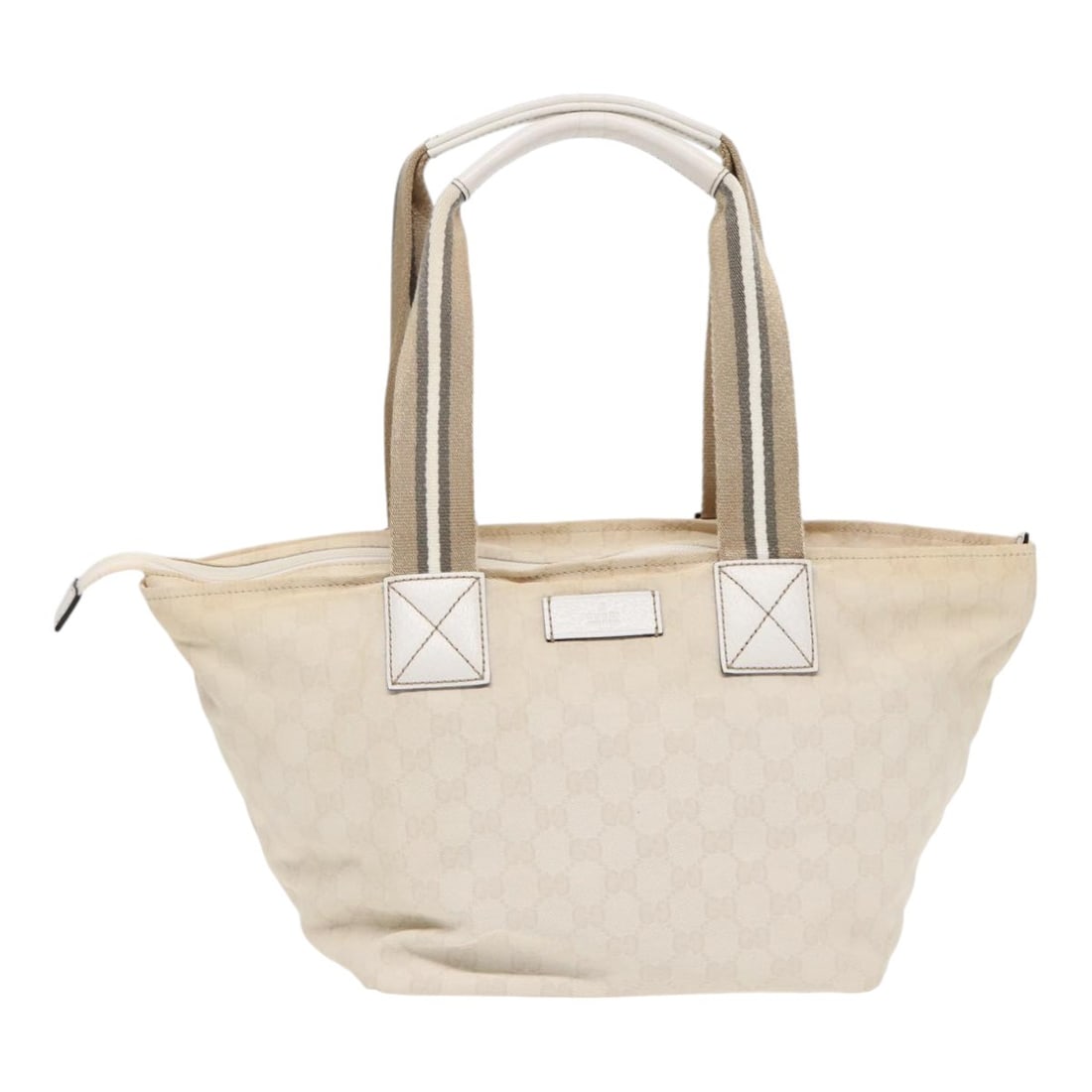 Gucci Web Zip Tote Beige GG Canvas Handbag Italy: Gucci Web Zip Tote Beige GG Canvas Handbag Italy This Gucci Web Zip Tote features the iconic GG canvas in beige, designed for women. The bag shows signs of use with surface wear, rubbing, minor stains