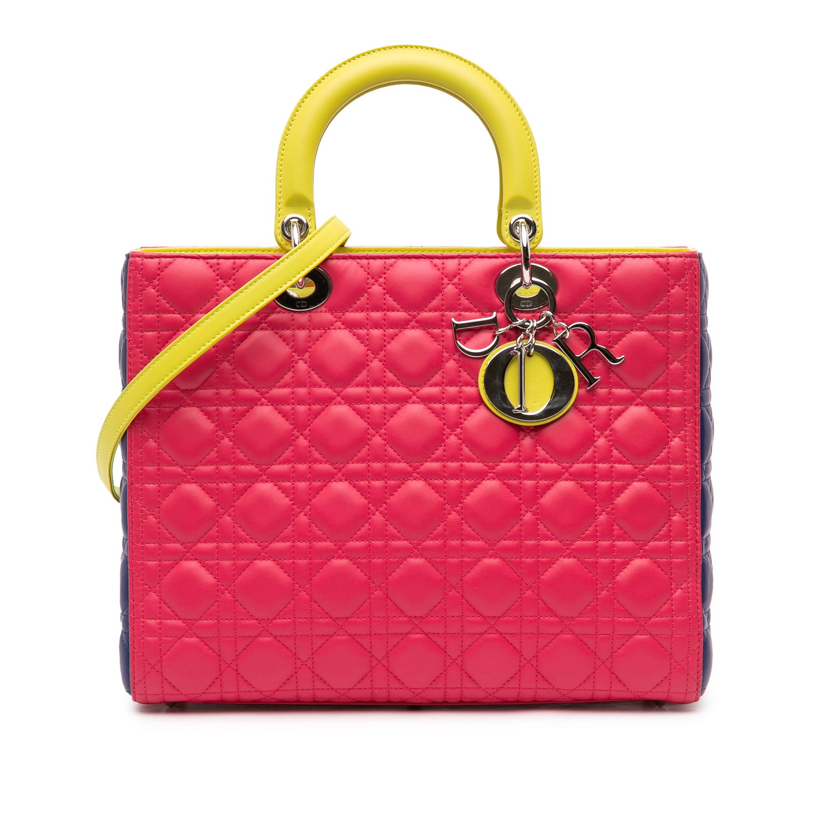 Dior Lady Dior Large Cannage Bag in Pink Tricolor Quilted Lambskin Leather: Dior Lady Dior Large Cannage Bag in Pink Tricolor Quilted Lambskin Leather This Lady Dior bag features a quilted tricolor lambskin leather exterior with flat top handles and a detachable flat leather 