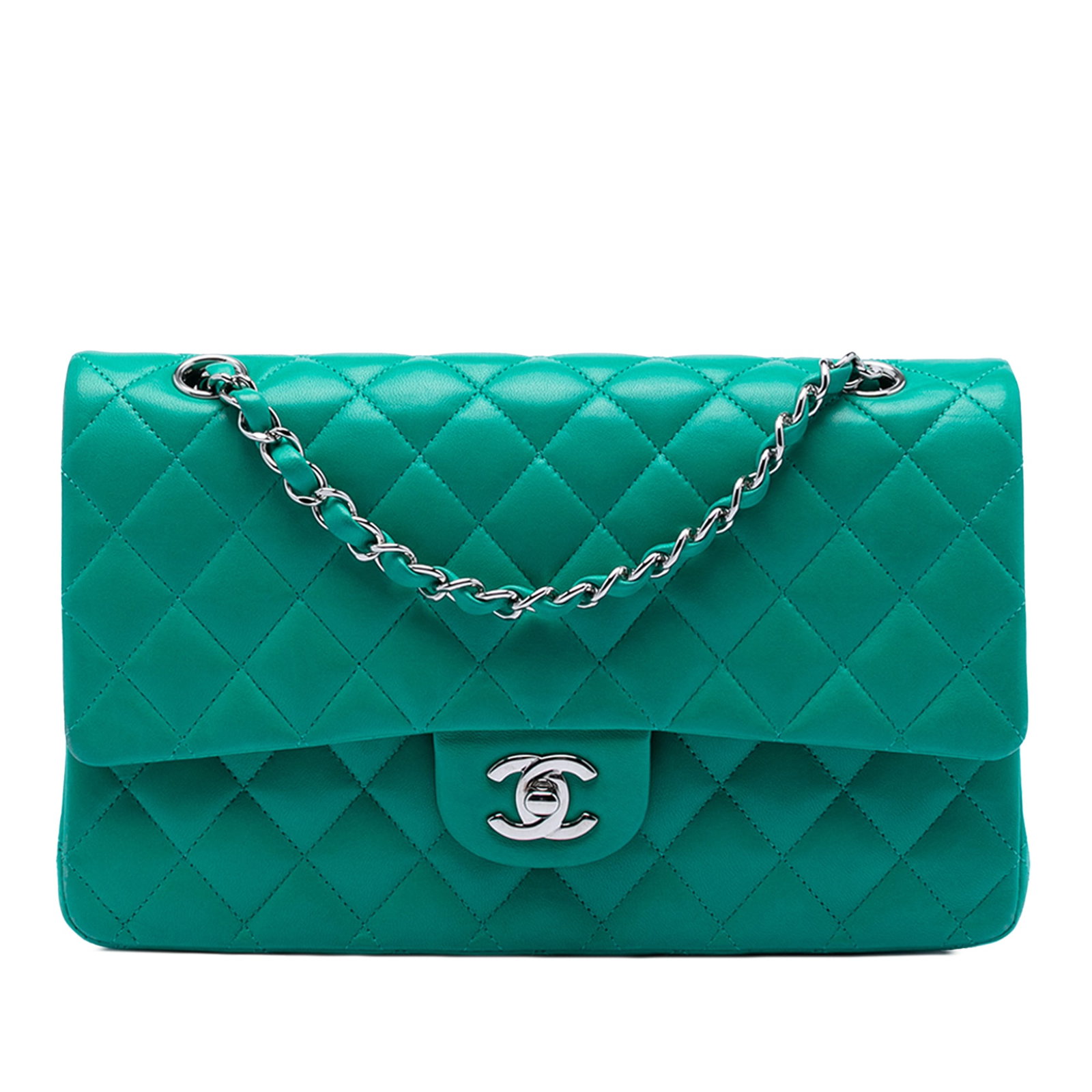 Chanel Blue Medium Classic Double Flap Quilted Lambskin Shoulder Bag: Chanel Blue Medium Classic Double Flap Quilted Lambskin Shoulder Bag This Chanel Medium Classic Double Flap shoulder bag features a quilted lambskin leather exterior in blue, complemented by leather-w