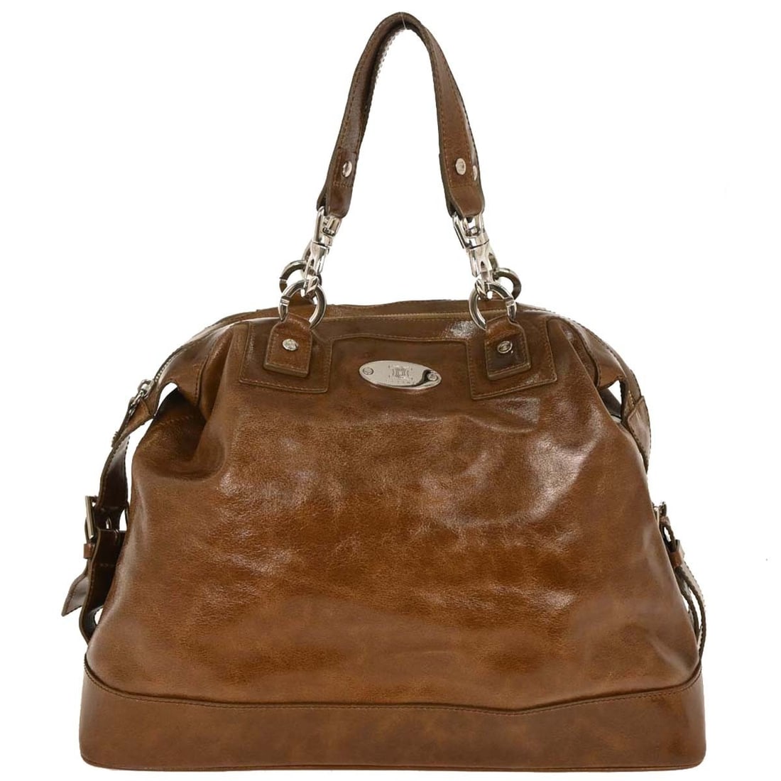 CELINE Brown Patent Leather Handbag CE00/22 Casual Style: CELINE Brown Patent Leather Handbag CE00/22 Casual Style This stylish Celine handbag is crafted from high-quality brown patent leather, making it a chic accessory for casual occasions. The medium-size