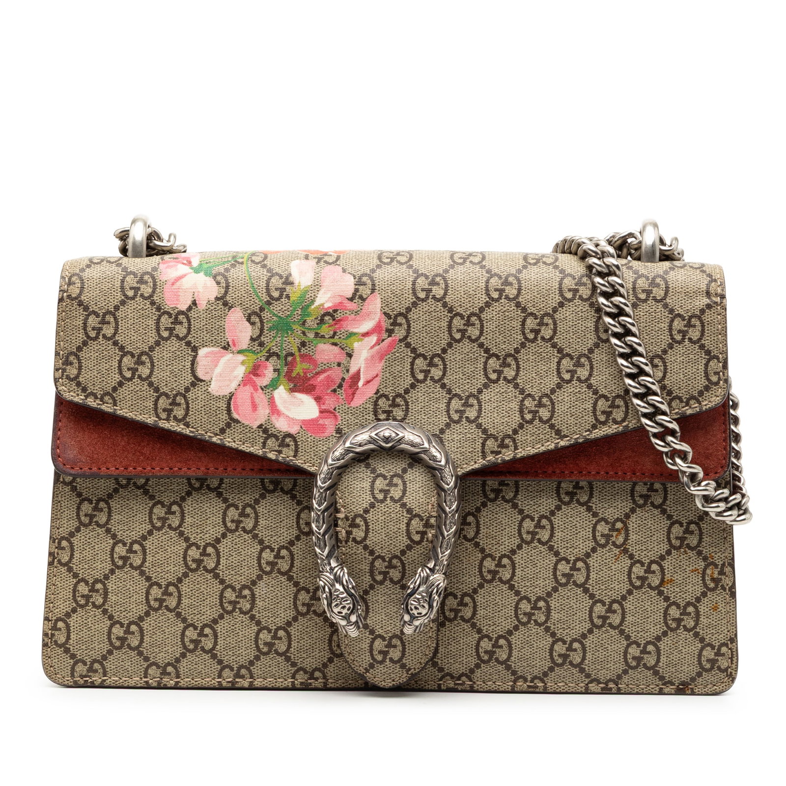 Gucci Dionysus Small GG Supreme Blooms Canvas Shoulder Bag with Chain Strap: Gucci Dionysus Small GG Supreme Blooms Canvas Shoulder Bag with Chain Strap The Gucci Small GG Supreme Blooms Dionysus Shoulder Bag features a coated canvas body with suede leather trim, a chain link 