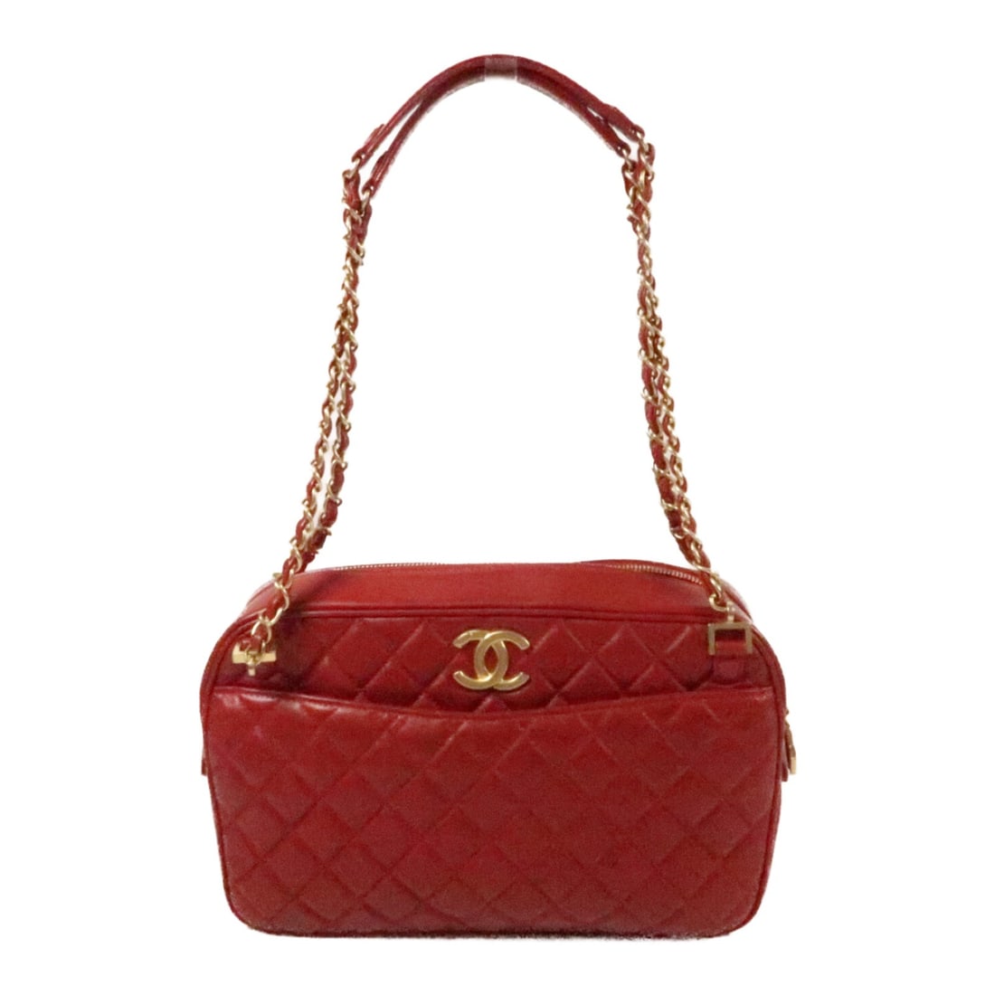 CHANEL Red Lambskin Leather Chain Shoulder Bag GHW: CHANEL Red Lambskin Leather Chain Shoulder Bag GHW This CHANEL shoulder bag is a stunning accessory crafted from premium lambskin leather in a vibrant red hue. The bag features a classic design suitab