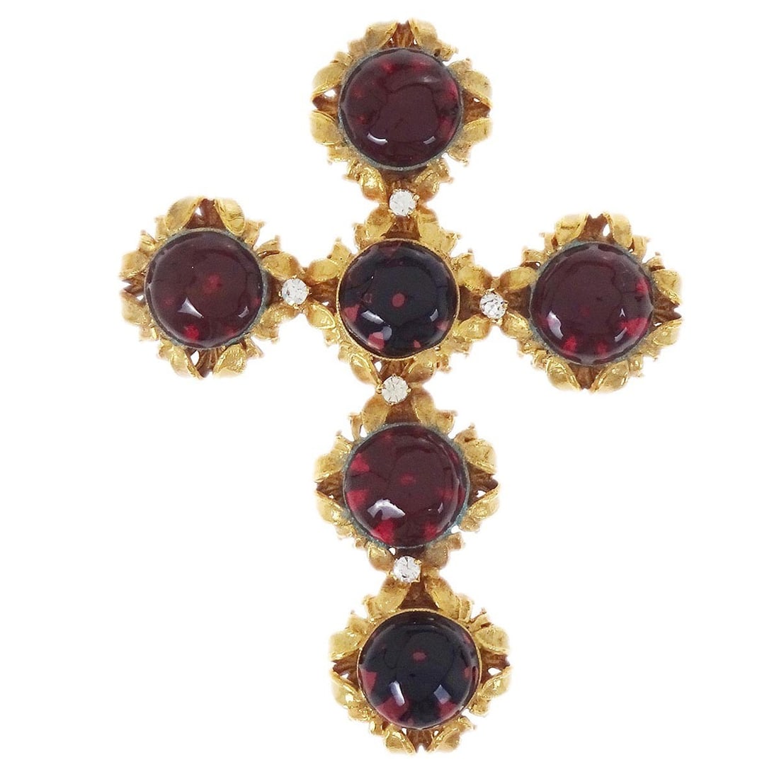 Chanel 94A Gripoix Cross Gold Plated Brooch with Rhinestones: Chanel 94A Gripoix Cross Gold Plated Brooch with Rhinestones This Chanel Gripoix brooch pin features a cross design adorned with rhinestones and a gold-plated finish. Crafted in France, it showcases t
