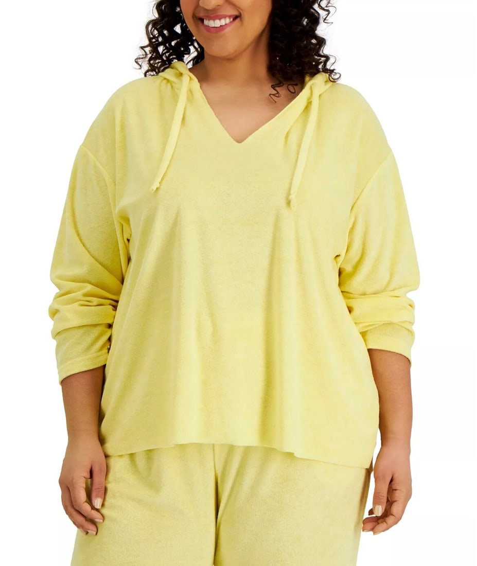 Rebellious One Plus Size Yellow Loop Terry Hoodie 2X: Rebellious One Plus Size Yellow Loop Terry Hoodie 2X Stay stylish and comfortable with the Rebellious One Trendy Plus Size Loop Terry Hoodie in a vibrant yellow color. This cozy pullover hoodie featur