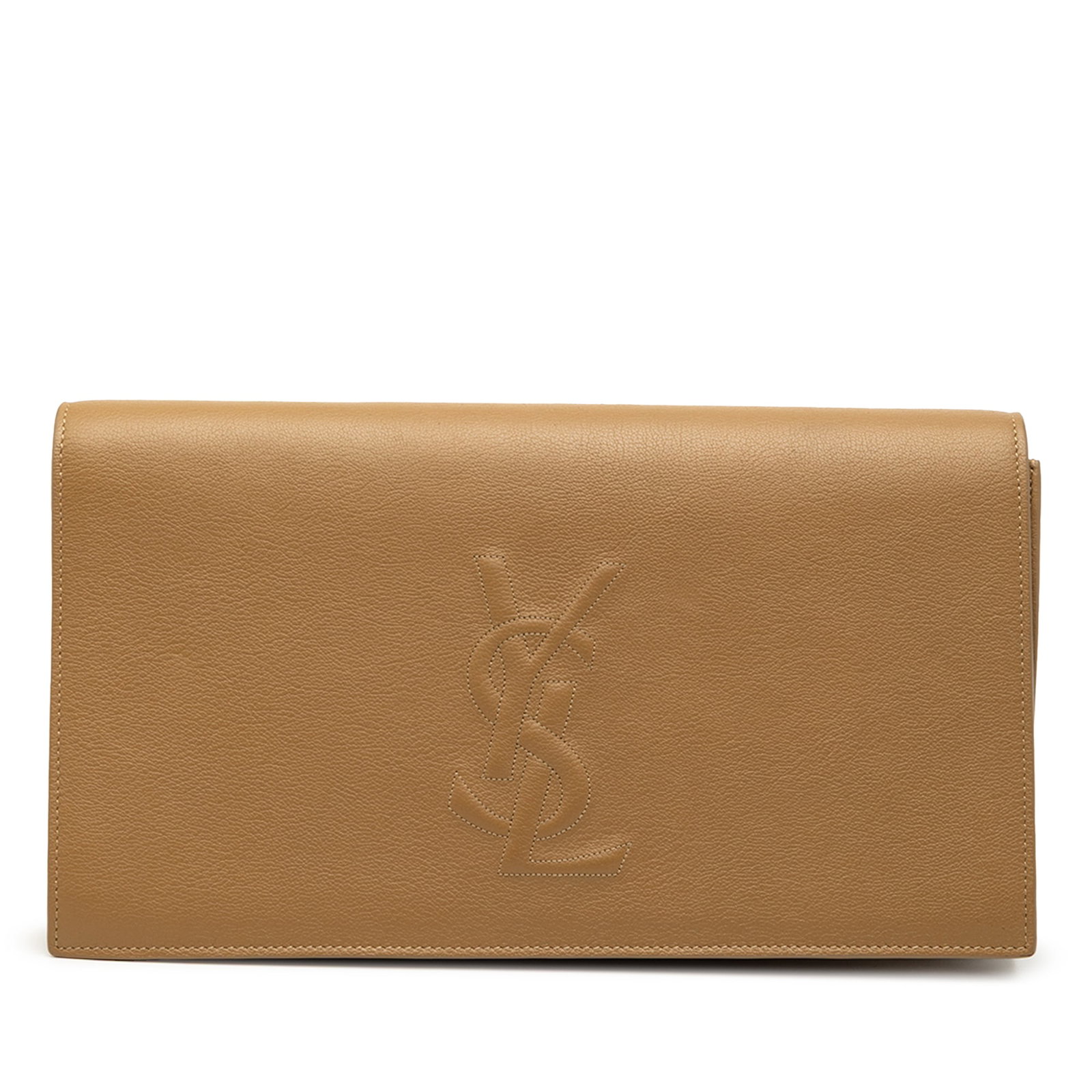 Saint Laurent Belle De Jour Large Leather Monogram Clutch Bag: Saint Laurent Belle De Jour Large Leather Monogram Clutch Bag The Saint Laurent Large Calfskin Monogram Belle De Jour Clutch features a brown leather body with a front flap secured by a magnetic closu