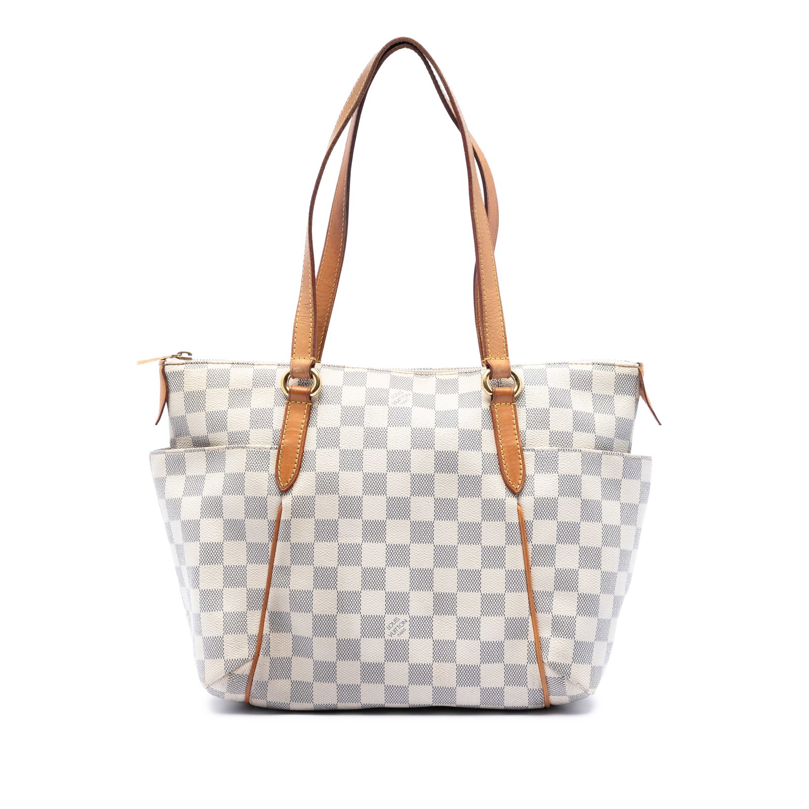 Louis Vuitton Totally PM Bag in Damier Azur Canvas with Leather Trim: Louis Vuitton Totally PM Bag in Damier Azur Canvas with Leather Trim This Louis Vuitton Damier Azur Totally PM features a signature Damier Azur canvas body accented with vachetta leather trim and flat
