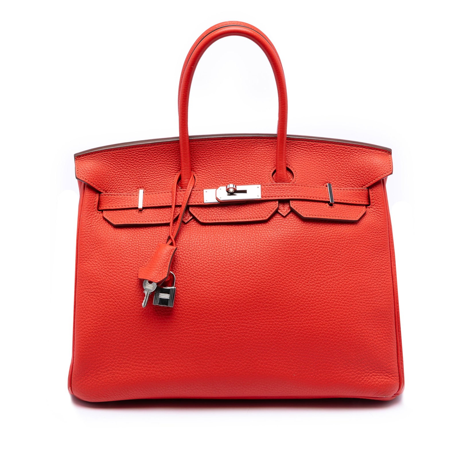 Hermes Birkin 35 Rouge de Coeur Togo Leather Handbag: Hermes Birkin 35 Rouge de Coeur Togo Leather Handbag This Hermes Togo Birkin Retourne 35 showcases a Rouge de Coeur Togo leather exterior, rolled leather handles, and a front flap secured with a strap