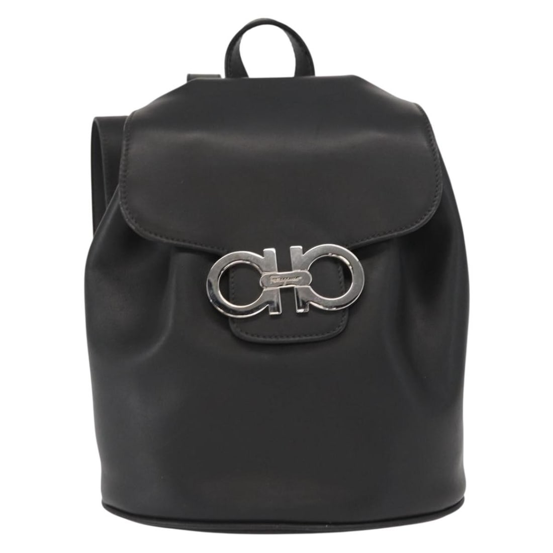 Salvatore Ferragamo Leather Gancini Drawstring Flap Backpack: Salvatore Ferragamo Leather Gancini Drawstring Flap Backpack This black leather backpack features the iconic Gancini flap and a drawstring closure, designed for women. Crafted in Italy, it combines st