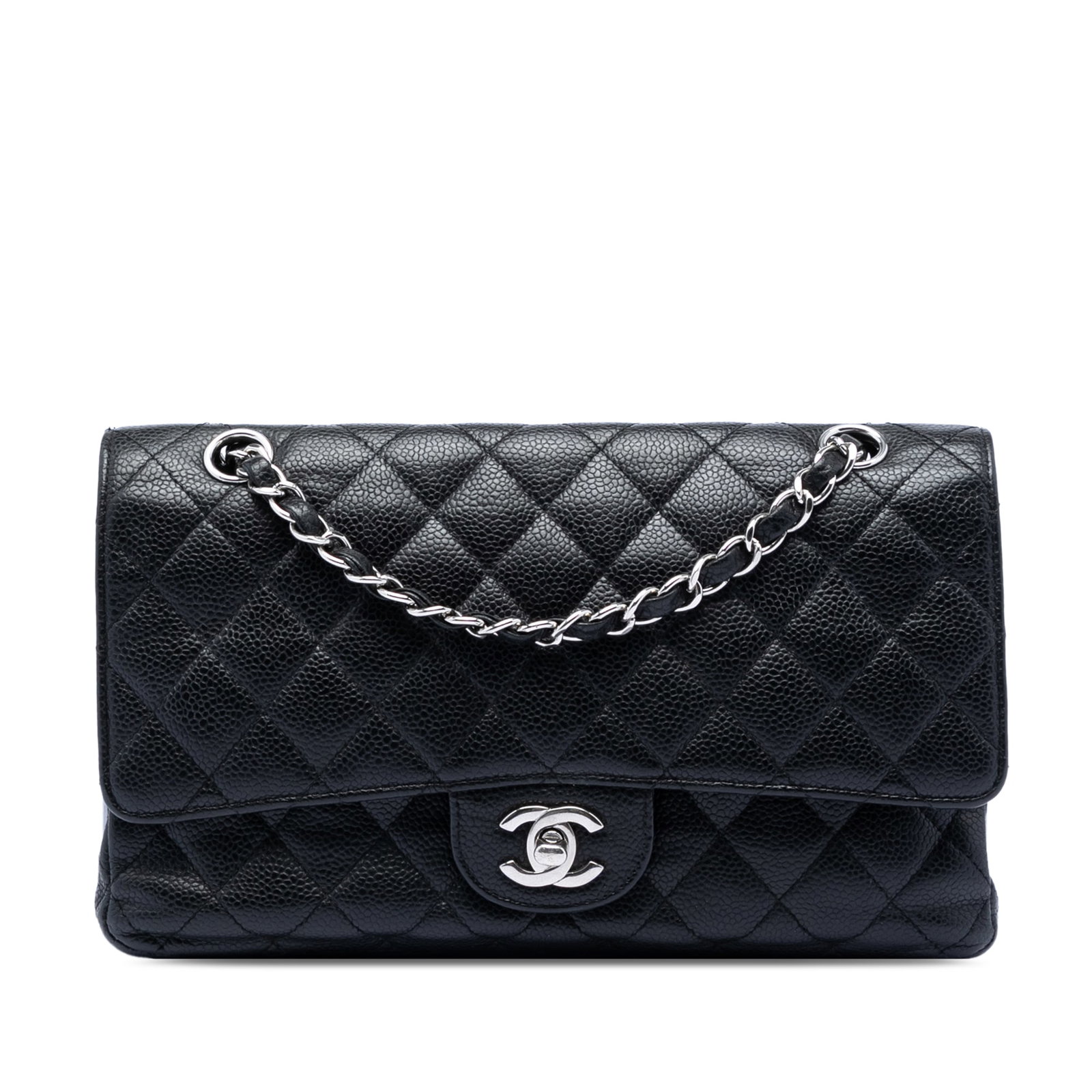 Black Leather Medium Classic Double Flap Shoulder Bag by Chanel: Black Leather Medium Classic Double Flap Shoulder Bag by Chanel This Chanel Medium Classic Caviar Double Flap shoulder bag is crafted from quilted caviar leather in black and features a leather-woven 