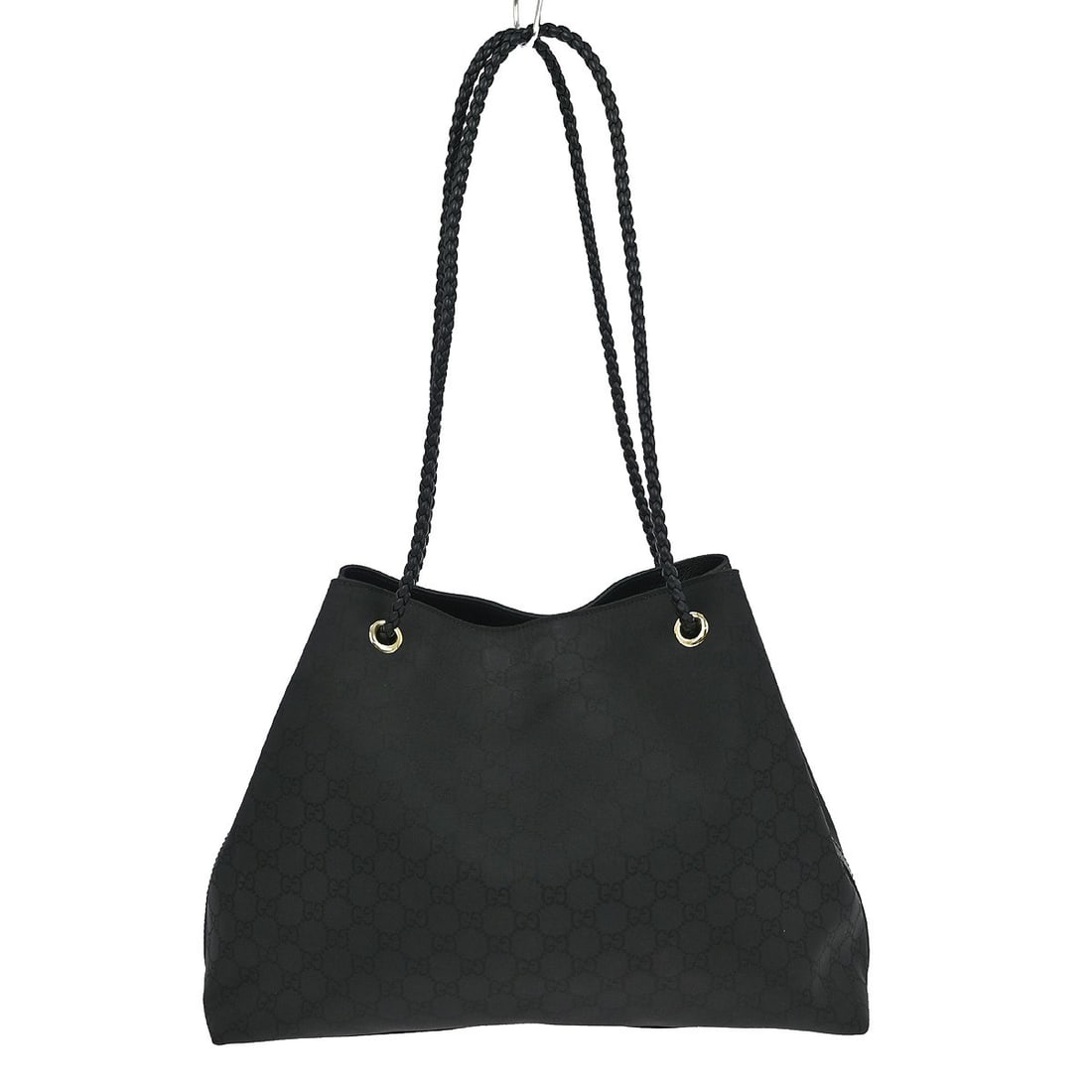Gucci GG Black Canvas Medium Shoulder Bag with Leather Trim: Gucci GG Black Canvas Medium Shoulder Bag with Leather Trim This vintage Gucci shoulder bag features the iconic GG pattern in black canvas leather. It offers a medium-sized silhouette with black handl