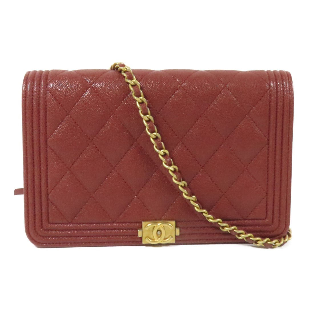 CHANEL Boy Wallet On Chain WOC Red Calfskin Shoulder Bag GHW: CHANEL Boy Wallet On Chain WOC Red Calfskin Shoulder Bag GHW This exquisite CHANEL Boy Wallet On Chain (WOC) is crafted from luxurious calfskin leather in a vibrant red hue. Designed as a shoulder bag