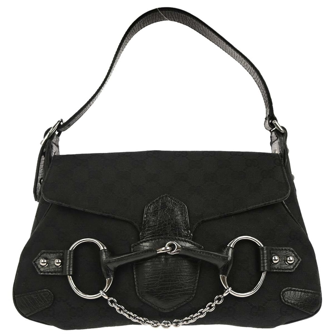 Gucci GG Canvas and Leather Black Horsebit Medium Shoulder Bag 114915: Gucci GG Canvas and Leather Black Horsebit Medium Shoulder Bag 114915 This Gucci Horsebit GG shoulder bag features a classic black canvas leather exterior and is designed for women. With a medium size